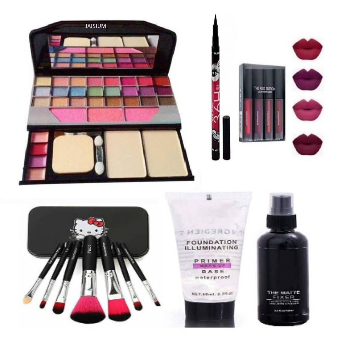 6155 Multicolor Makeup Kit with 36-Hour Black Eyeliner & Matte Mini Liquid Lipstick or Makeup Brush Set, Fixer & Primer - Perfect for Professional Makeup Artists & Daily Beauty Routines