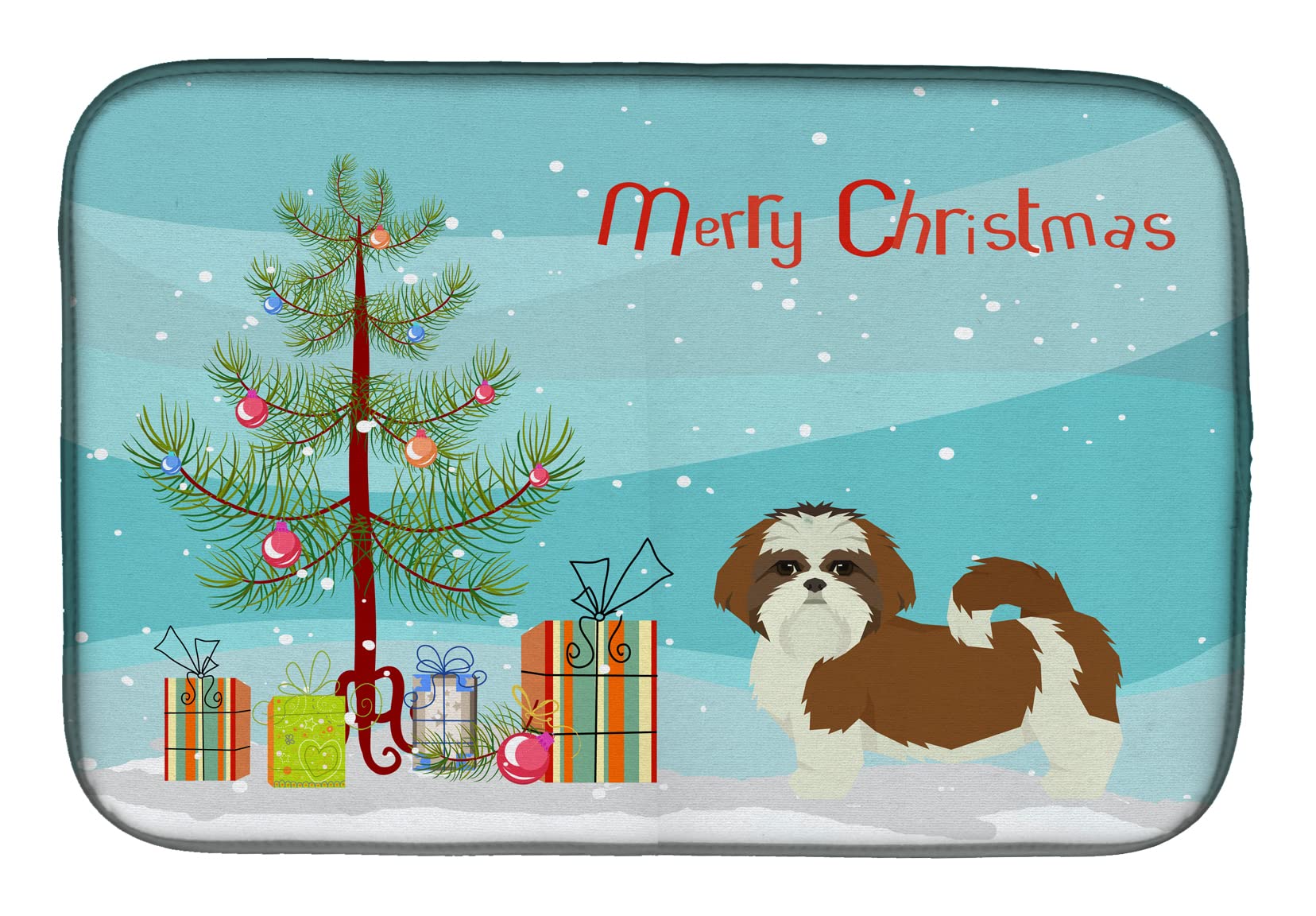 Shih Tzu Christmas Tree Dish Drying Mat - Absorbent Kitchen Counter Pad for Holiday Decor