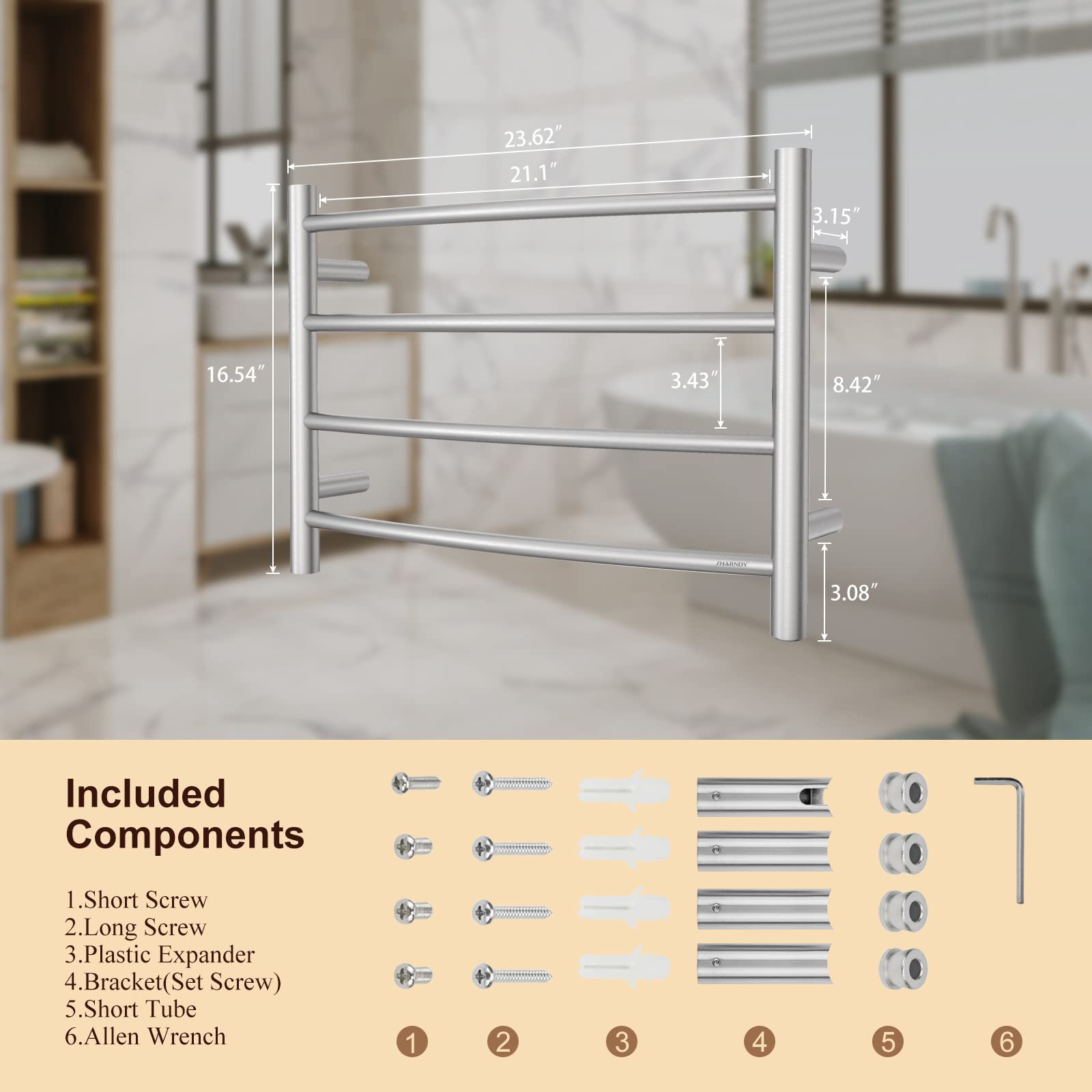 Premium Brushed Nickel Electric Towel Warmer - Wall Mounted Bathroom Heated Towel Rack with 4 Stainless Steel Bars (16.54x23.62x5.51 inches, 40W) - Perfect for Spa-Like Bathroom Luxury & Quick Drying