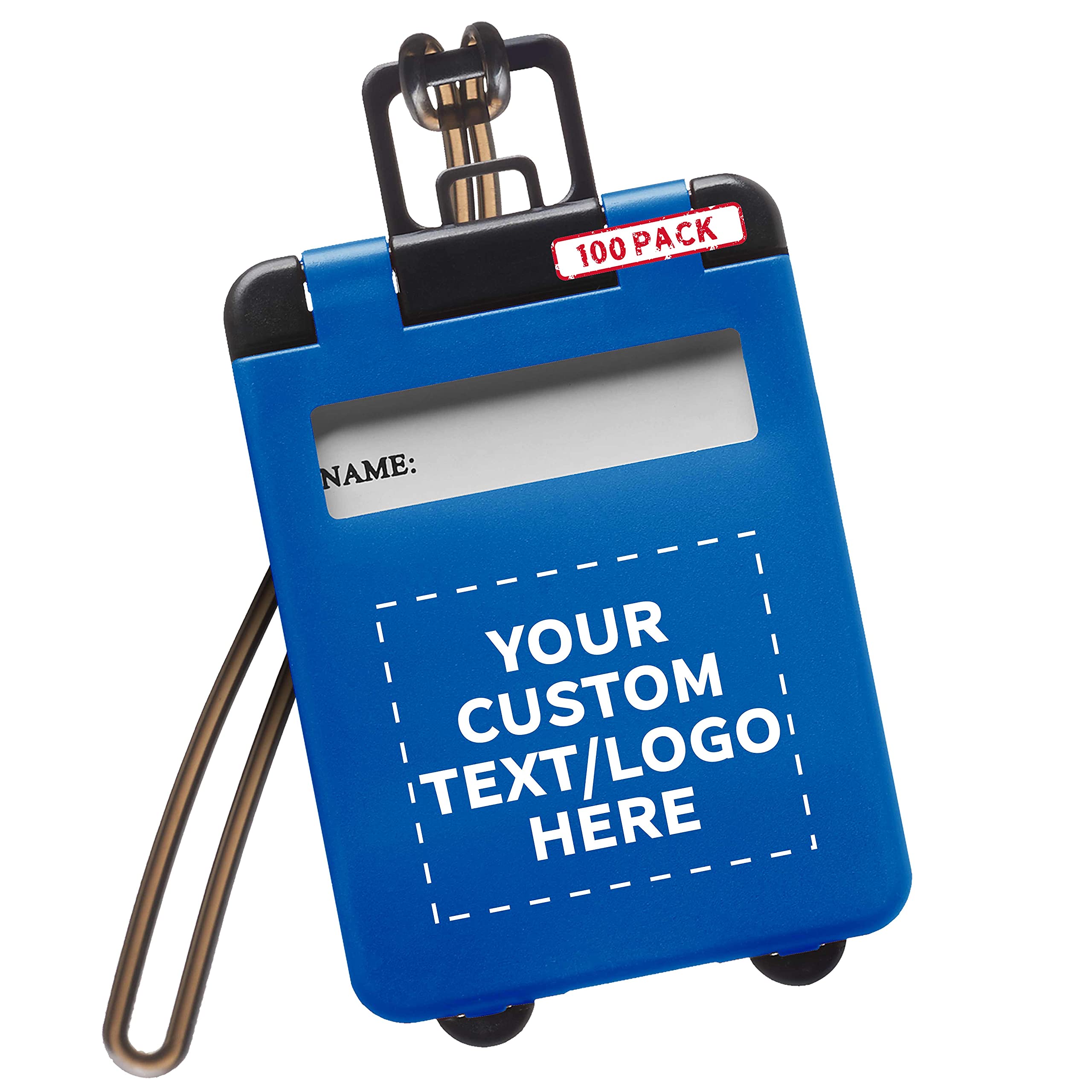100 Pack Mini Carry-on Luggage Tags - Personalized Custom Text & Logo - Flip Open Cover with ID Sticker - Blue Travel Accessories for Suitcases, Backpacks, Duffel Bags - Perfect for Air Travel, Cruise Trips & Business Travel