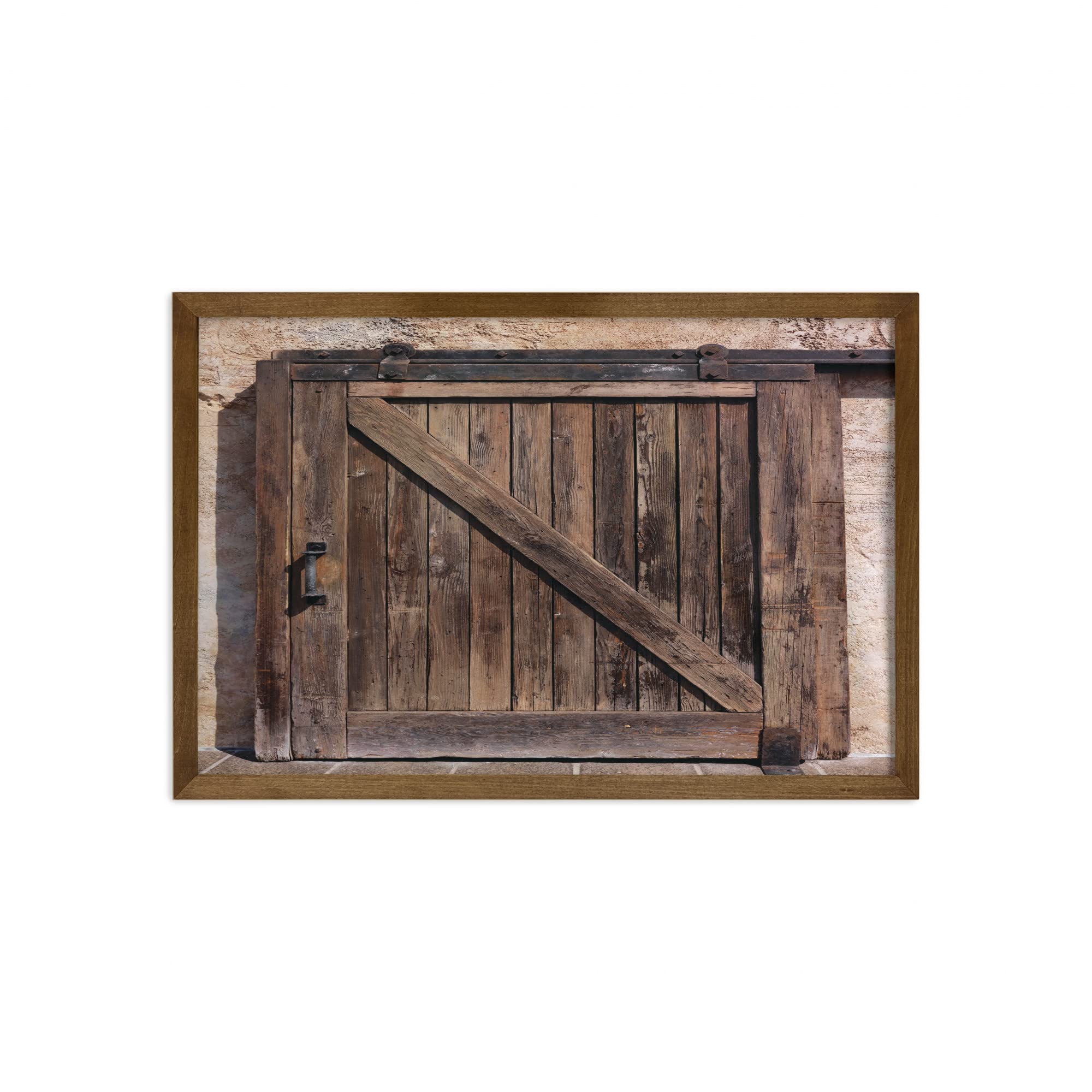 Ambesonne Rustic Framed Wall Art - Vintage Barn Door Farmhouse Print with Aged Wood Texture & Teak Tone Wood Frame, 35