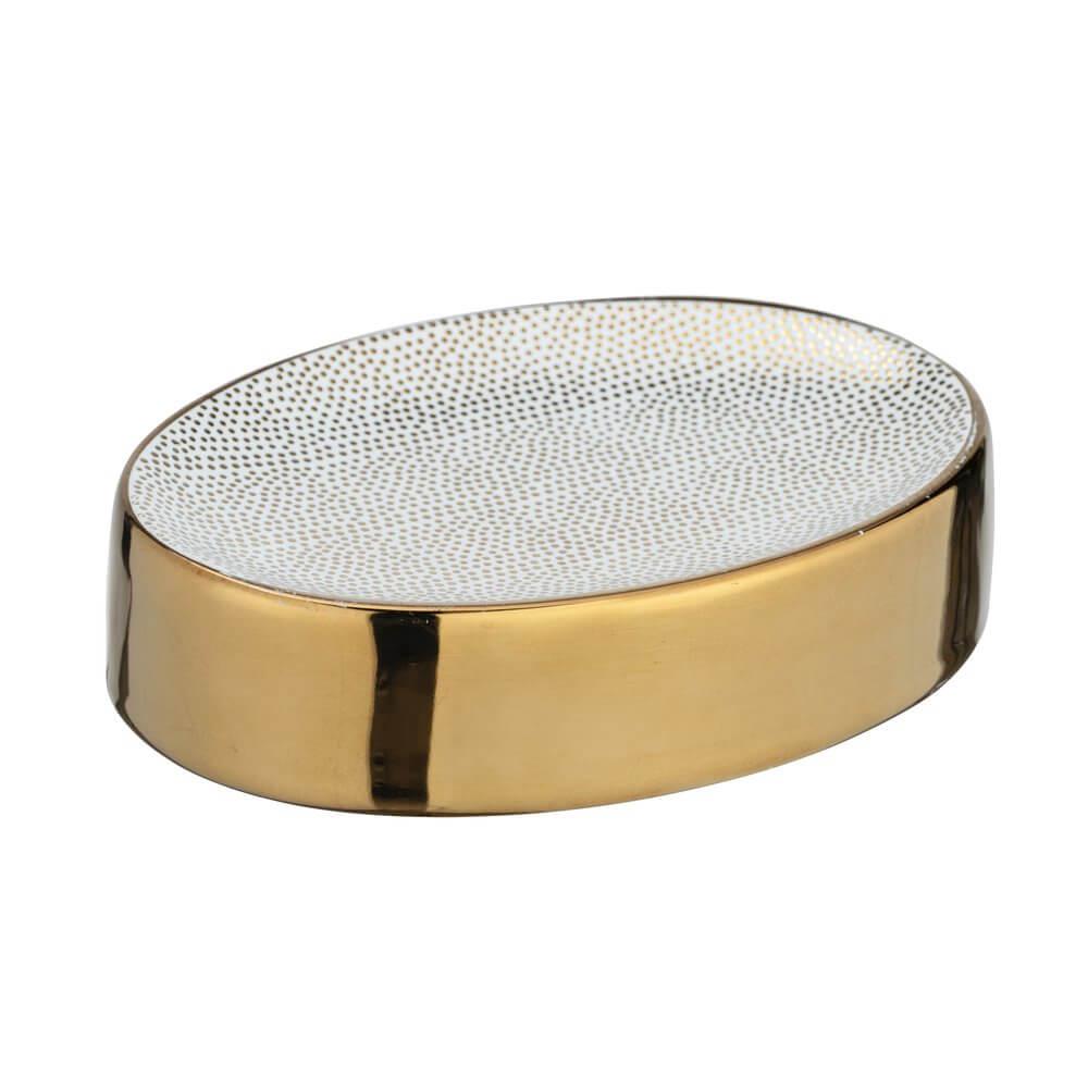 Nuria White and Gold Ceramic Soap Dish - Elegant Bathroom Organizer for Sink Countertop, Shower, and Vanity Decor