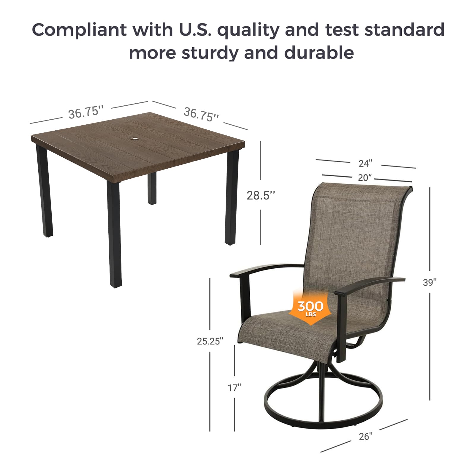 5-Piece Outdoor Dining Set for 4 with Swivel Chairs & Square Woodgrain Table - Patio Furniture with Umbrella Hole - Perfect for Backyard BBQs, Garden Parties & Poolside Dining