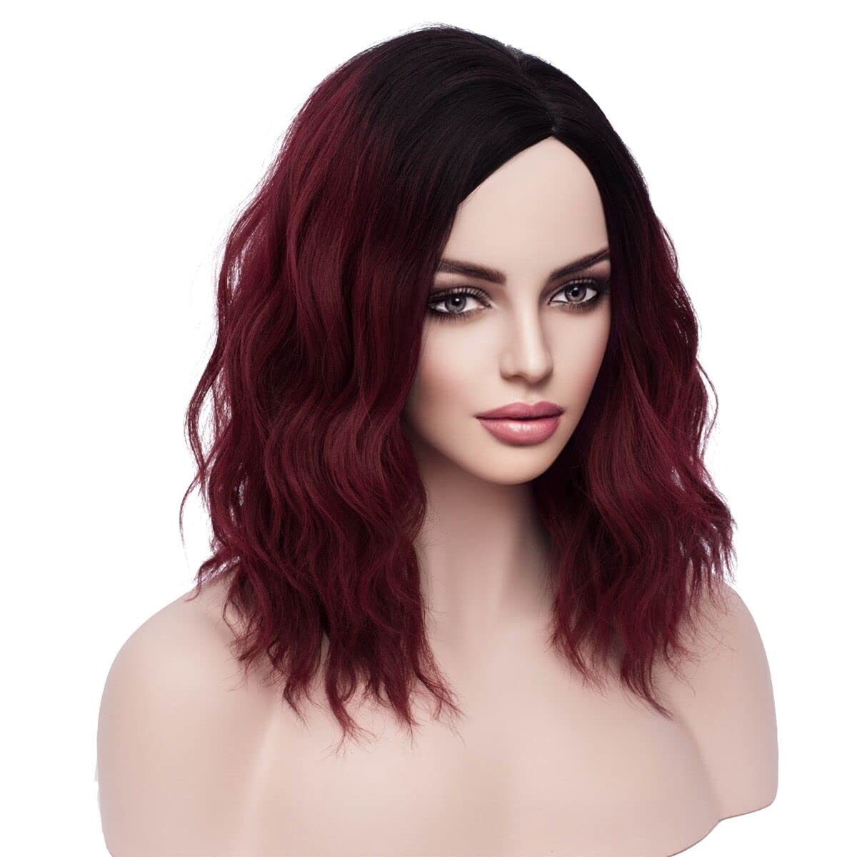 MAGQOO Burgundy Synthetic Heat Resistant Wig - Short Curly Wavy Dark Red Wig with Dark Roots & Ombre Effect for Women | Perfect for Cosplay, Halloween, Parties & Daily Fashion Styling