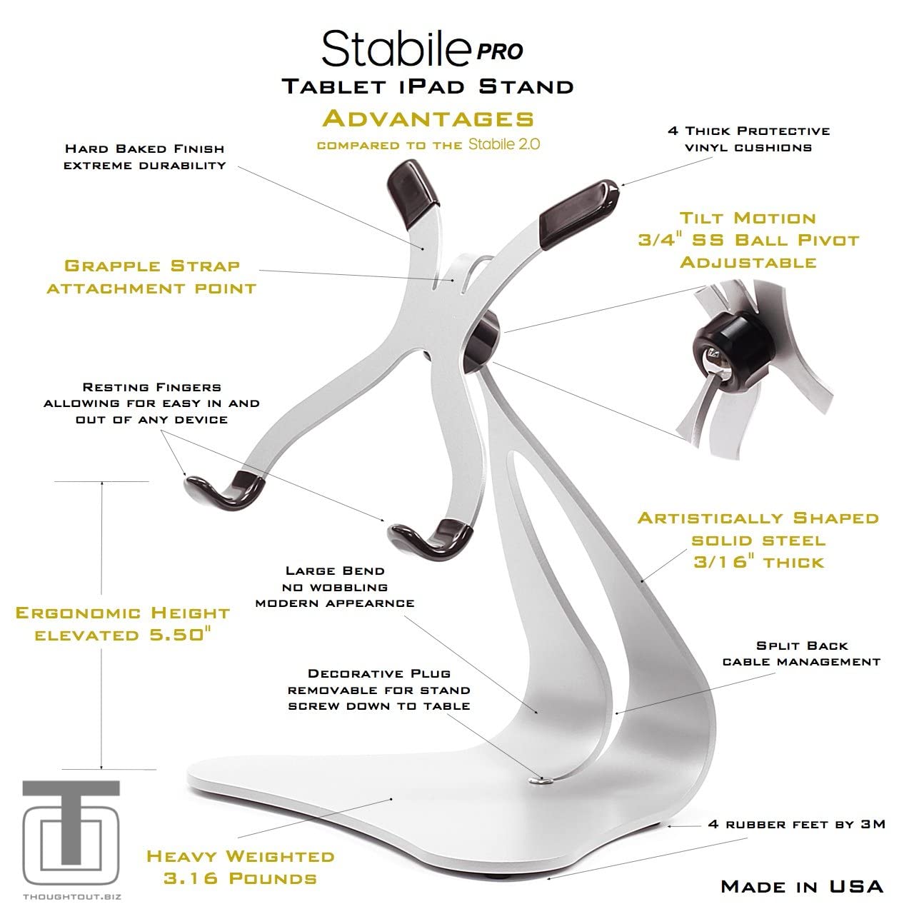 Thought Out Stabile PRO Pivoting iPad Stand - Premium Silver Aluminum Adjustable Tablet Holder - Made in USA - Compatible with All iPad Models - Perfect for Home Office, Studio & Video Calls