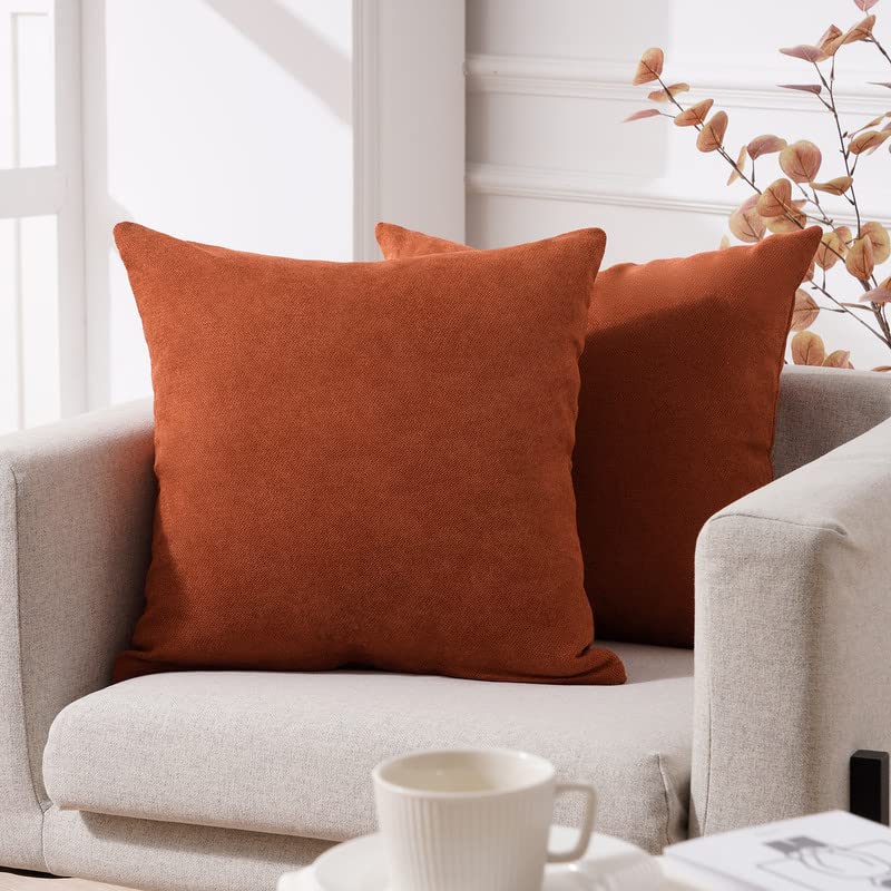 Premium Orange Chenille Throw Pillow Covers Set of 2 (16x16 Inches) - Ultra Soft Decorative Square Cushion Covers for Sofa, Couch, Bed & Living Room - Washable Home Decor Accent Pillows for Cozy Comfort