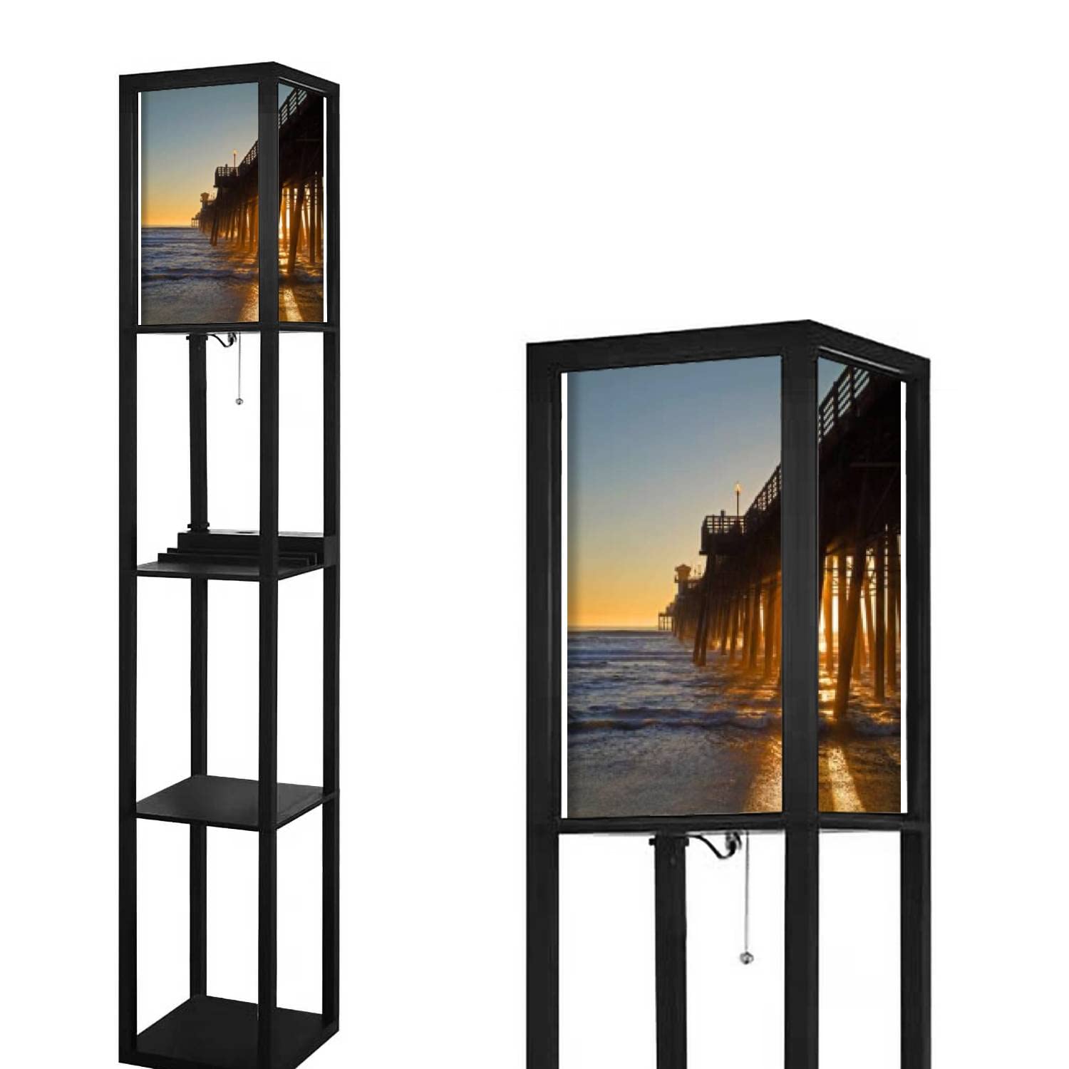 Oceanside Pier Modern Floor Lamp with Shelves, USB Ports & Power Outlet - Adjustable Linen Fabric Shade Tall Corner Standing Lamp for Living Room, Bedroom, Office - Perfect for Reading, Working & Home Decor