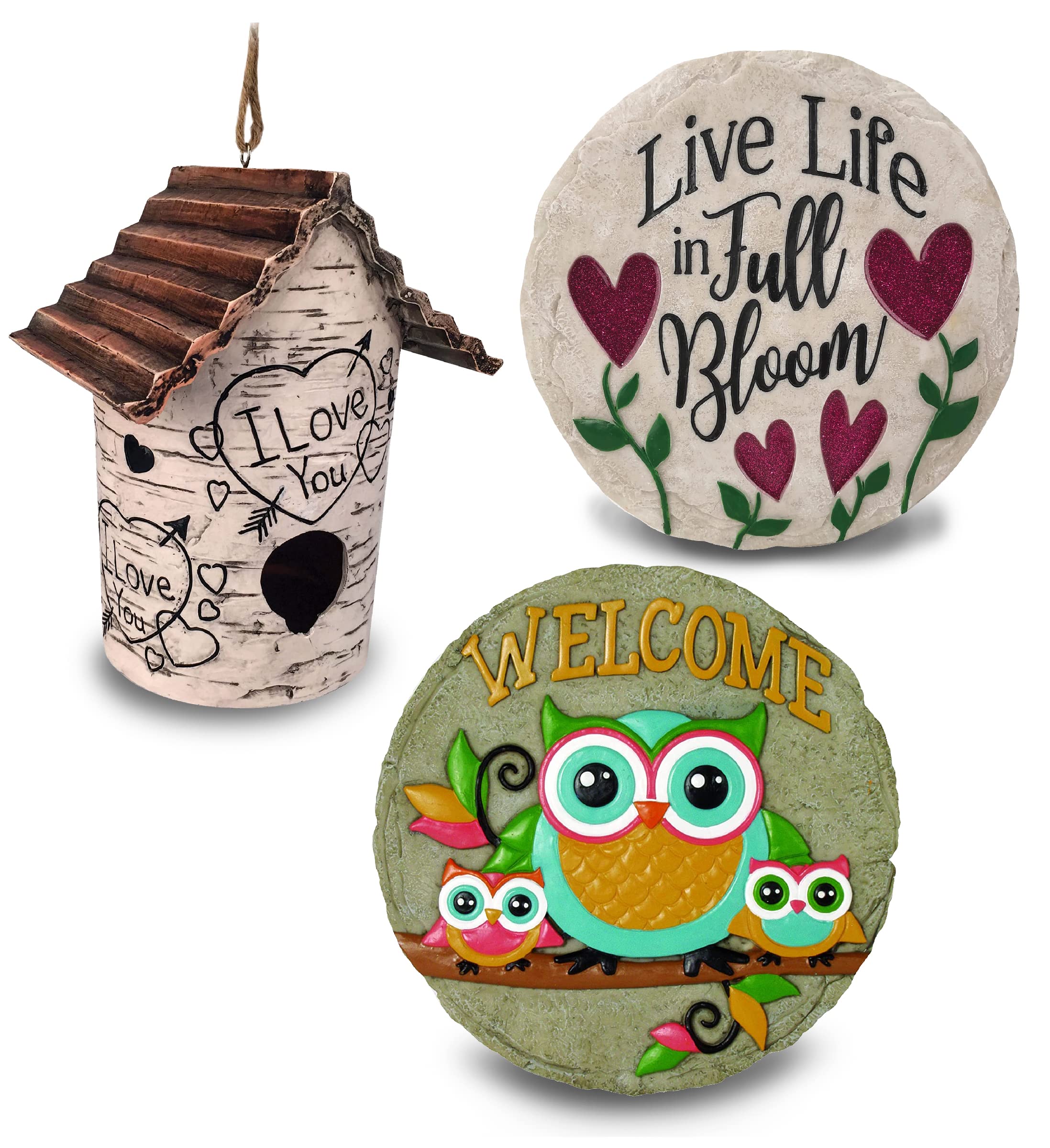 Premium Love Birdhouse & Stepping Stone Set of 3 - 1 Birch Tree Resin Indoor/Outdoor Bird House, 1 Owl & 1 Life in Full Bloom Wall Plaque for Garden Decor - Perfect Gardening Gift for Bird Lovers & Home Decoration | Ideal for Backyard, Patio & Garden Wall Accents