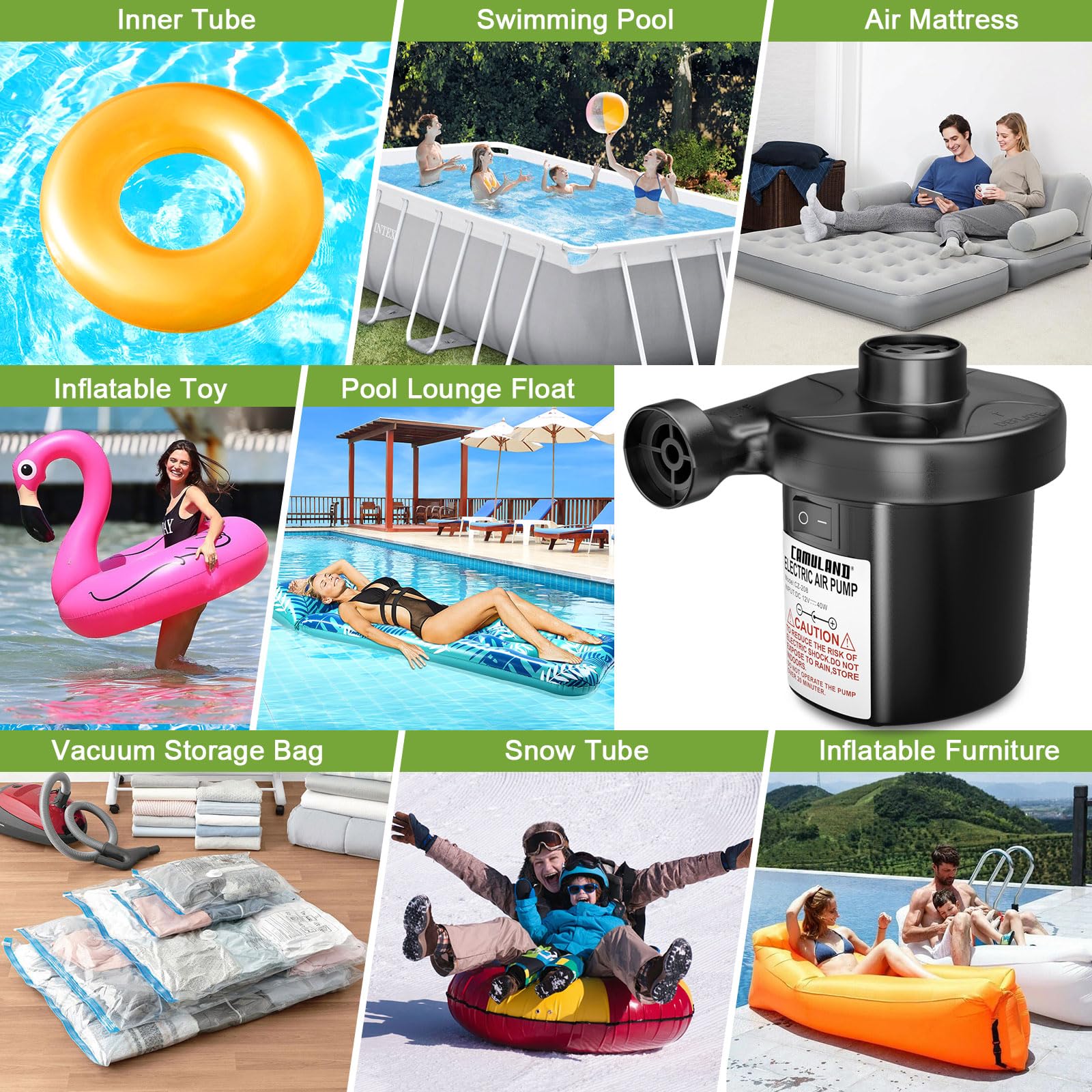 CAMULAND Portable Air Pump with 3 Nozzles - 12V Quick-Fill Electric Inflator for Air Mattress, Inflatable Pool Toys, Swimming Rings & More - ETL Certified Car Adapter - Perfect for Camping, Travel & Home Use