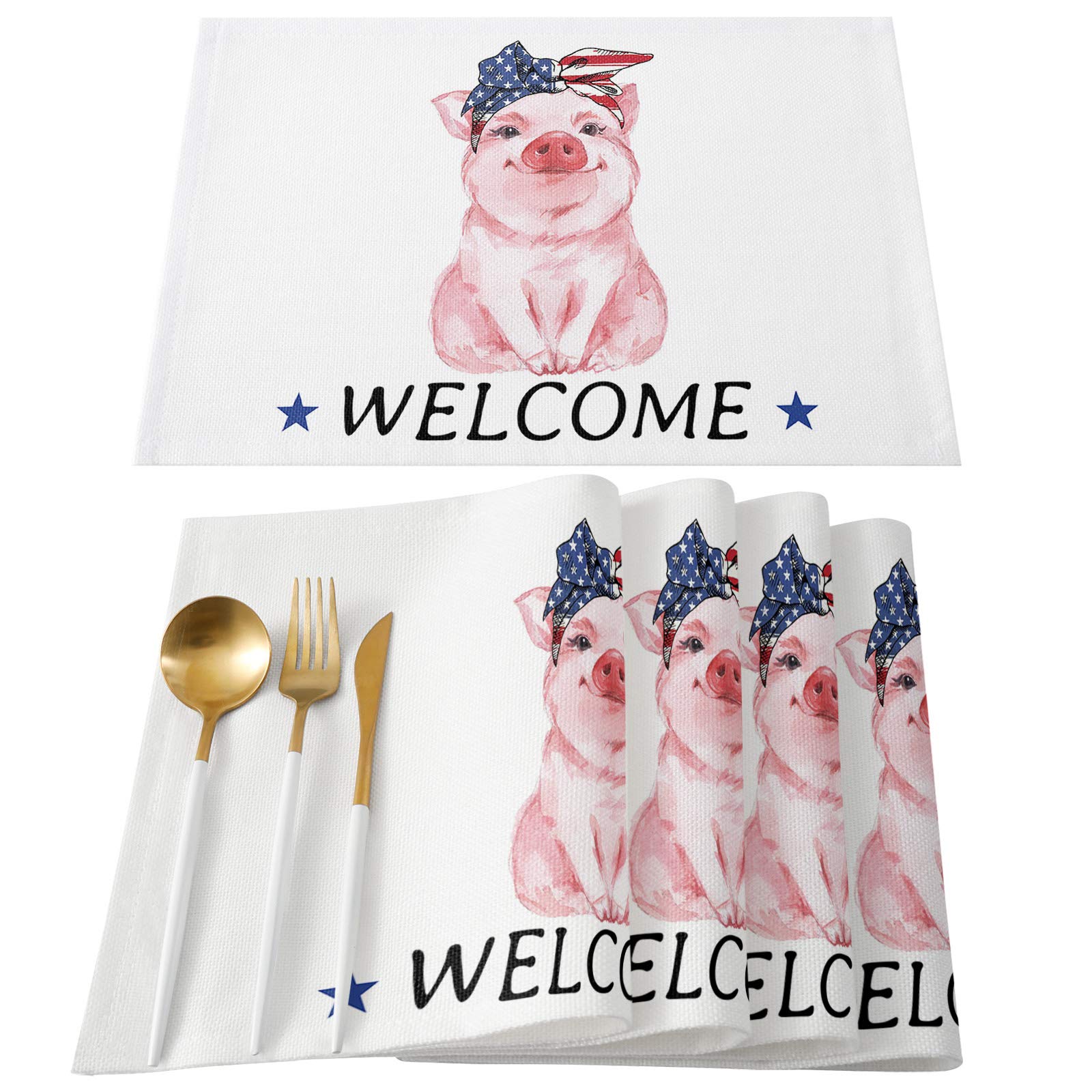 4th of July Patriotic Placemats Set of 4 - Cute Piggy with USA Flag Bandana for Independence Day, Summer Holidays, Farmhouse Dining Table Decor | Perfect for BBQ Parties, Family Gatherings & Kitchen Table Settings