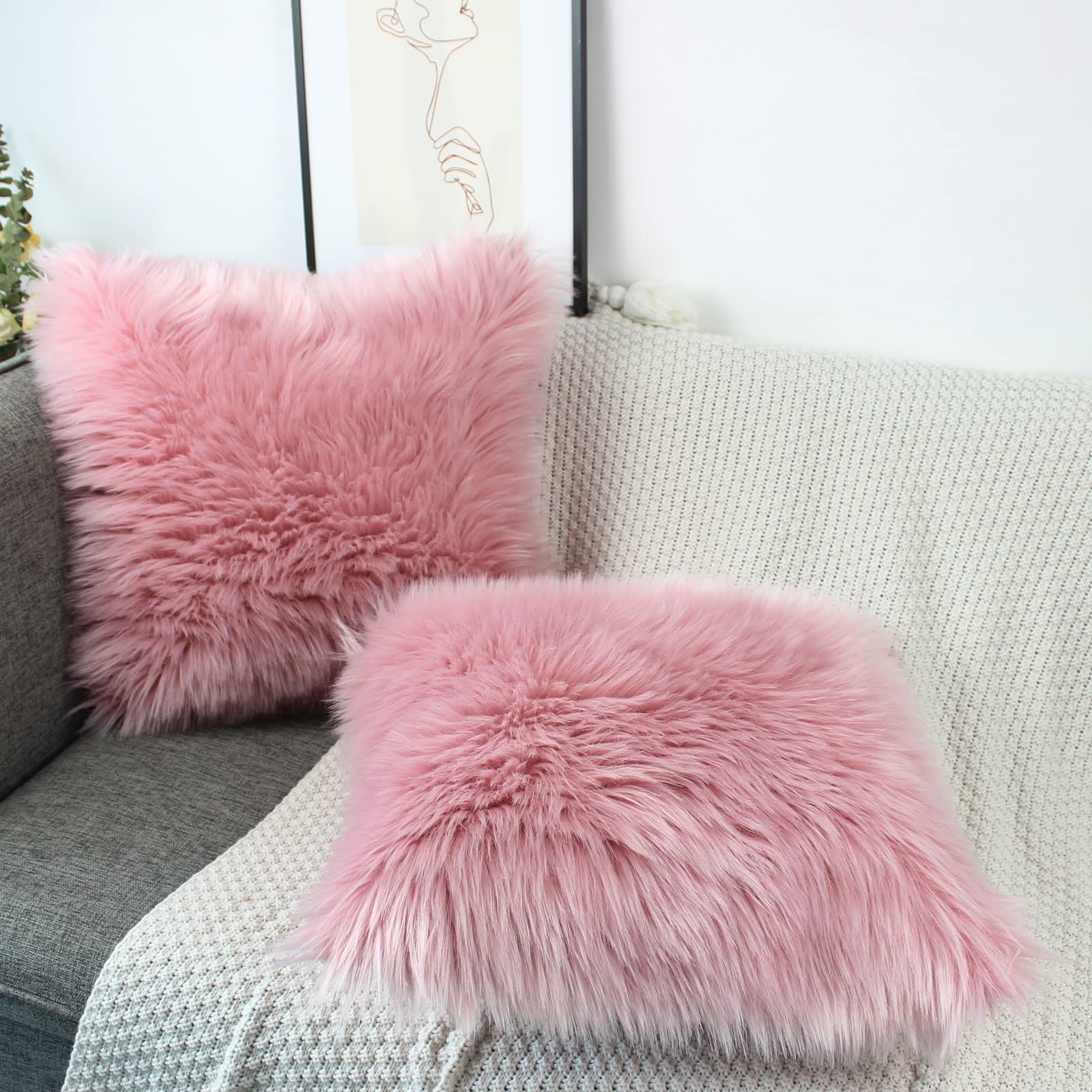 OYIMUA 20x20 Fluffy Faux Fur Decorative Throw Pillow Covers - Soft Plush Blush Pink Luxury Cushion Covers for Sofa, Couch, Living Room & Bedroom (Set of 2) | Farmhouse Style Home Decor & Cozy Accent Pillows