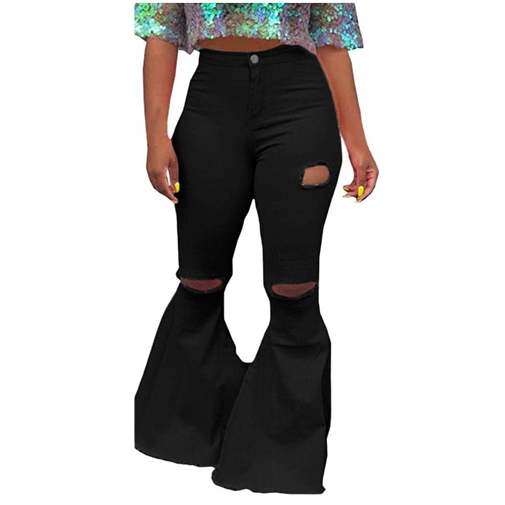 WUAI Women's High Waist Ripped Flare Jeans - Retro Bell Bottom Bootcut Denim Pants for Teen Girls & Plus Size | Perfect for Casual Wear, Street Style & 70s Fashion Outfits