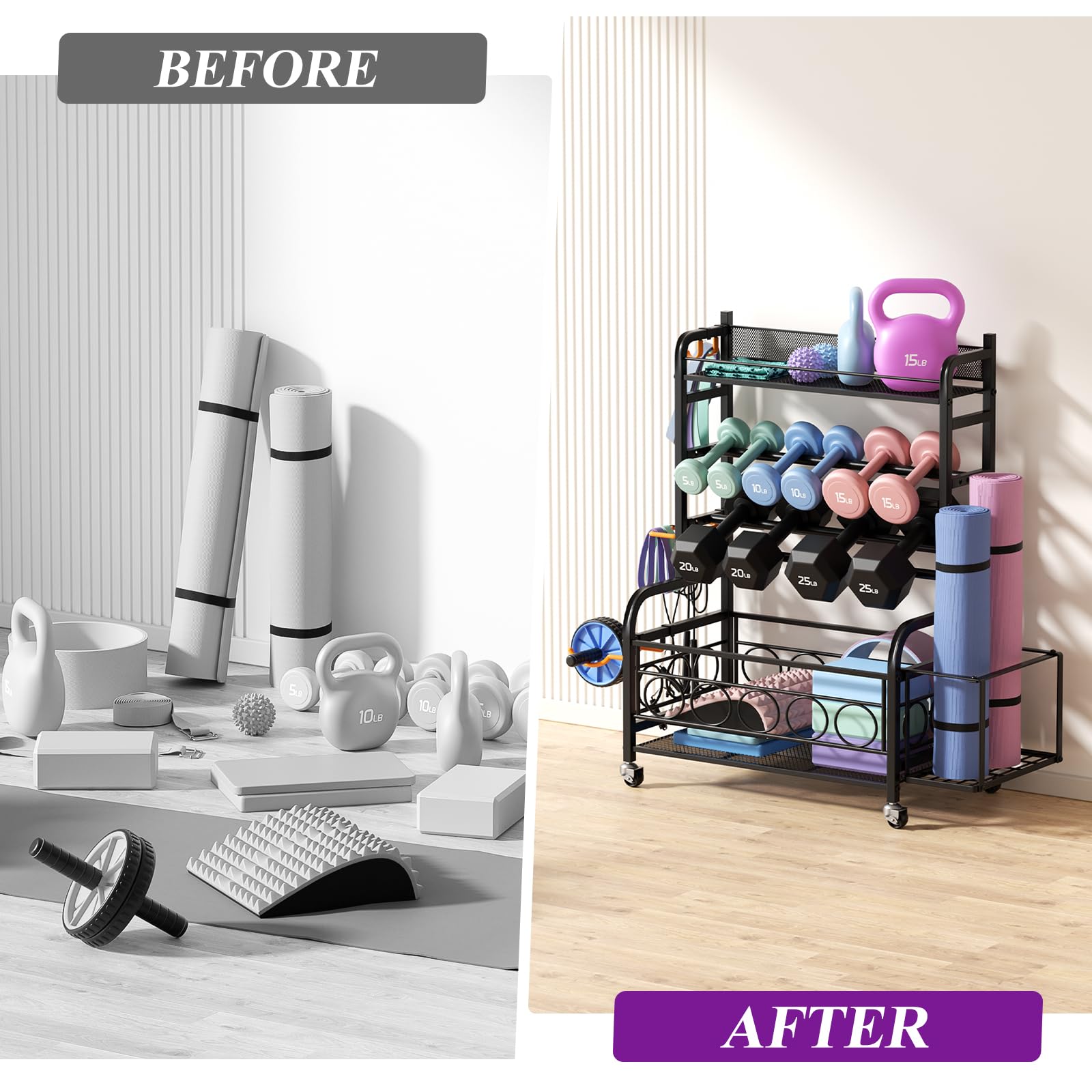 VOPEAK Heavy Duty Dumbbell Rack with Wheels - Adjustable Weight Stand for Home Gym Storage, Organizer for Dumbbells, Kettlebells, Yoga Mats & Strength Training Equipment - Perfect for Garage, Basement & Fitness Room Organization