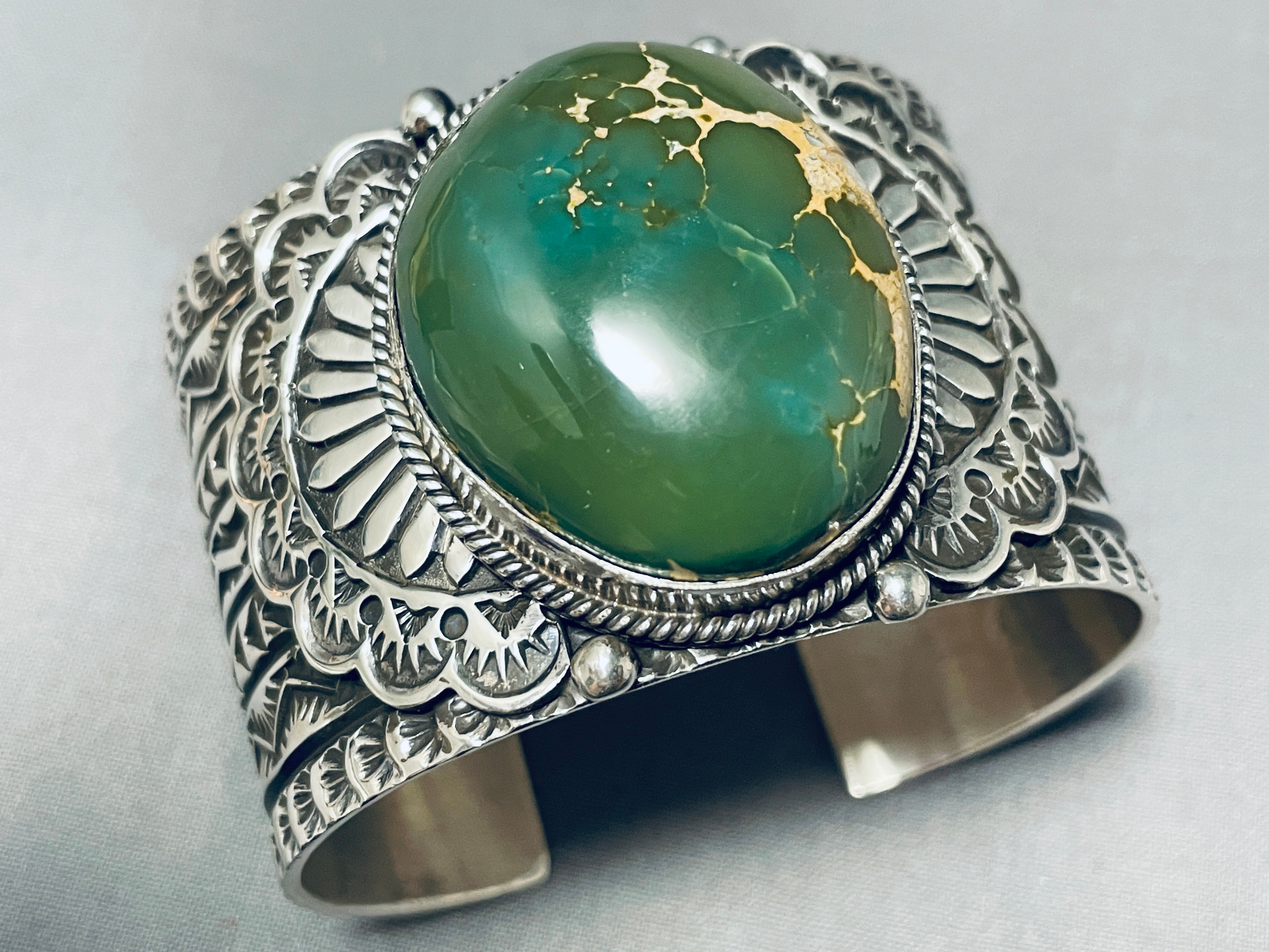 124 Gram Monster Men's Navajo Sterling Silver Bracelet with Green Turquoise - Handcrafted Native American Jewelry for Gifts, Fashion & Ceremonial Wear