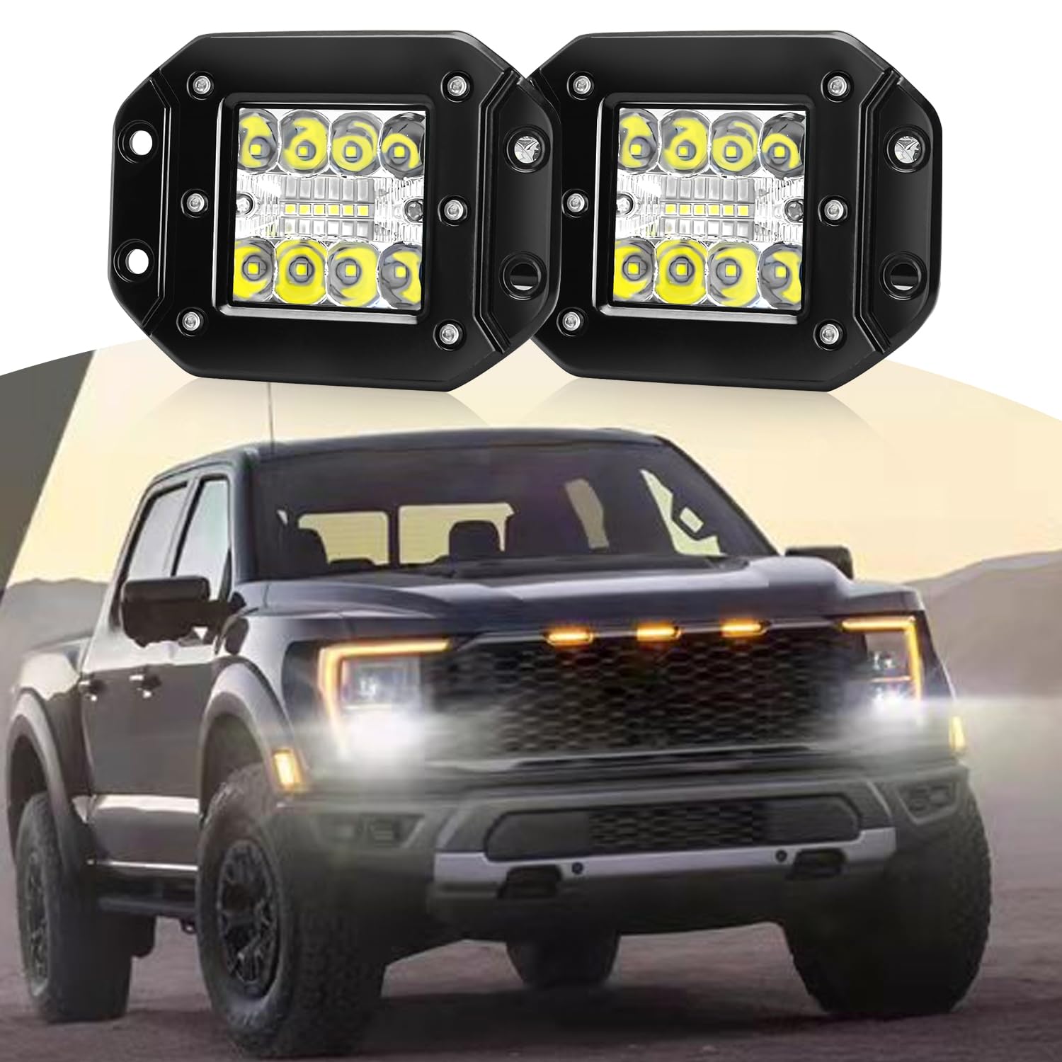 Avenemark 5-Inch Flush Mount LED Light Pods - 2PCS 42W Triple Row Combo Beam (Spot/Flood) - Waterproof Off-Road Lights for Trucks, SUVs, UTVs & ATVs - Perfect for Driving, Work, Backup & Reverse Lighting in Dark Terrains
