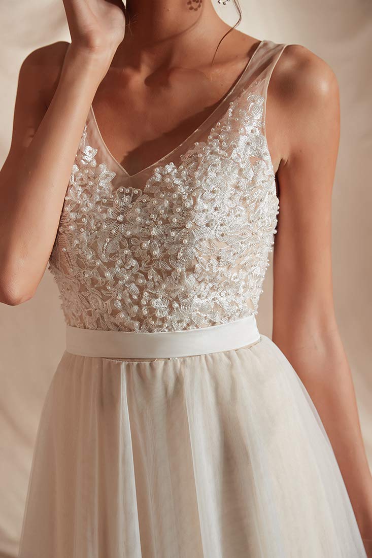 Elegant Women's V-Neck A-Line Lace Tulle Long Beach Wedding Dress for Bride - Perfect for Beach Ceremonies, Destination Weddings & Romantic Photos