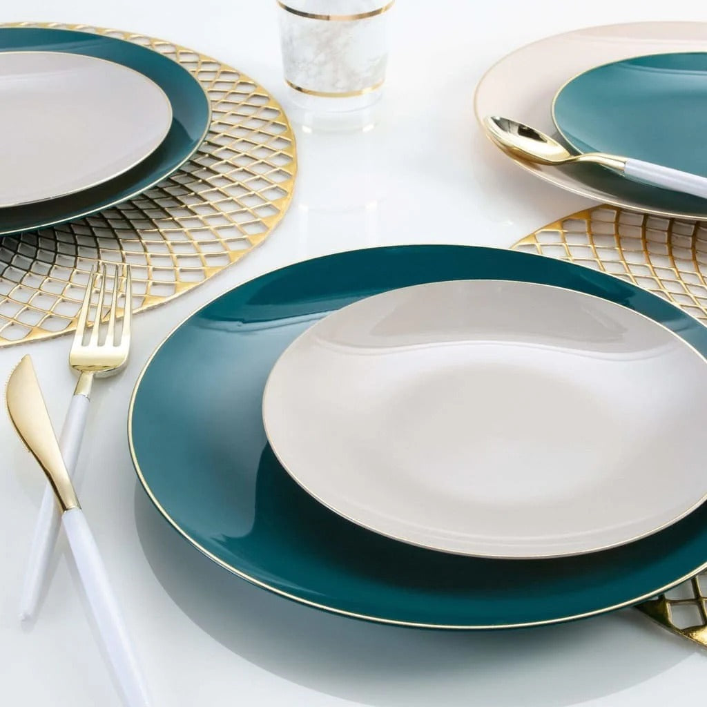 Eco-Friendly Round Plastic Plates - Teal Green with Gold Rim | Durable & Stylish Disposable Dinnerware for Parties, Picnics, and Events