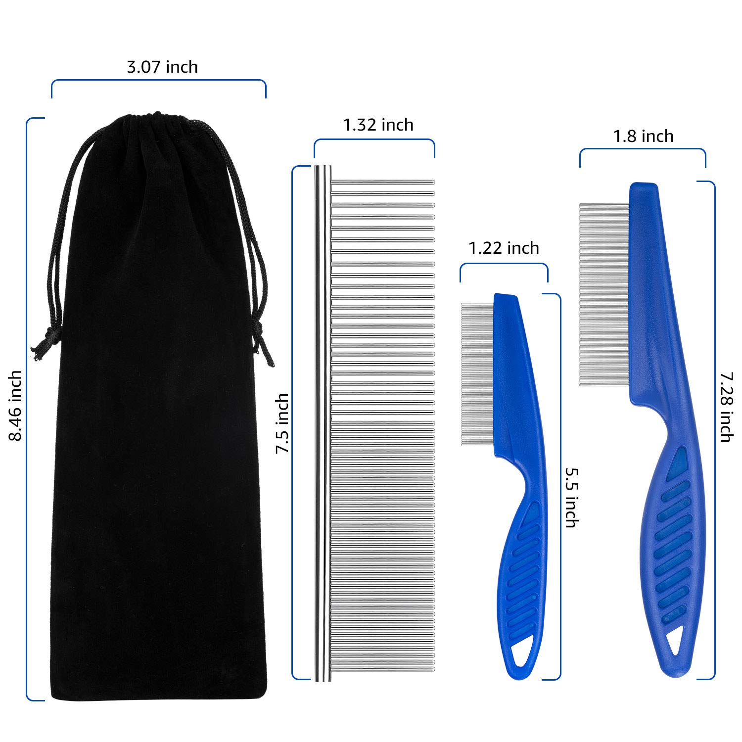 **Durable Metal Flea Comb for Cats & Dogs - 3 Piece Pet Grooming Set with Storage Pouch (Blue) | Removes Lice, Tangles, Dandruff & Tear Stains | Perfect for Daily Grooming & Detangling**
