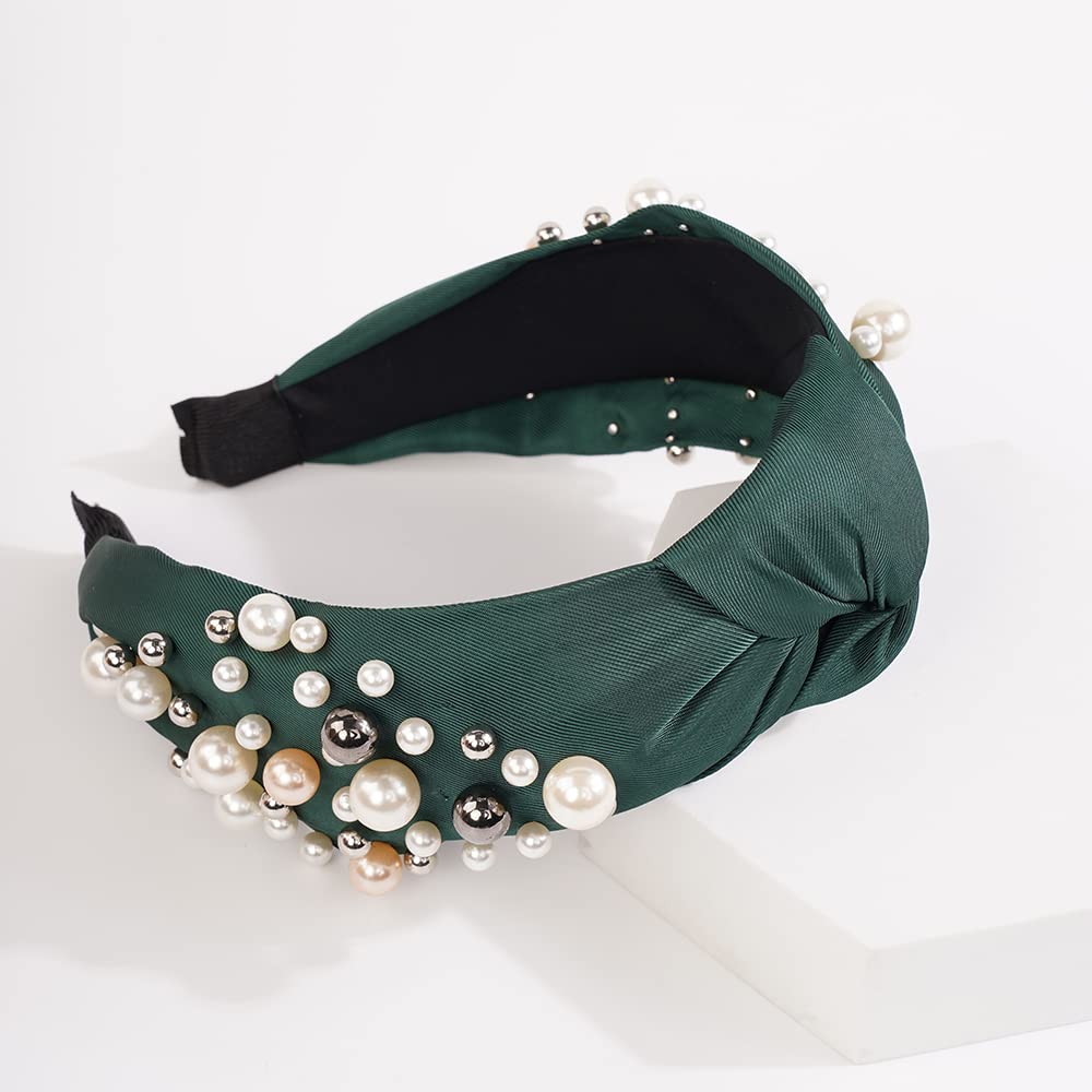Wiwpar Fashion Pearl Knotted Headbands for Women - Wide Pearl Bead Hair Accessory Boho Style Headband (Green) - Perfect for Weddings, Parties & Everyday Wear