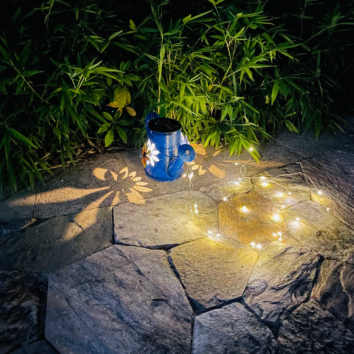 Solar Powered Blue Watering Can with LED Waterfall Lights - 60 LED Garden Decor for Yard, Path, Christmas Holiday Decoration - Includes Shepherd Hook - Perfect for Outdoor Patio, Lawn, and Seasonal Festive Lighting