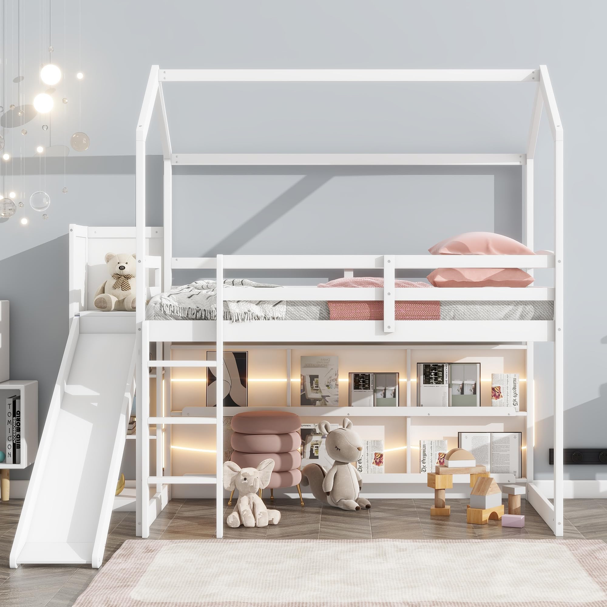 Harper & Bright Designs White Wood Twin House Loft Bed with Slide, Storage Shelves & Light - Kids Bedroom Furniture for Play, Study & Sleep | Perfect for Small Spaces & Siblings Sharing Rooms