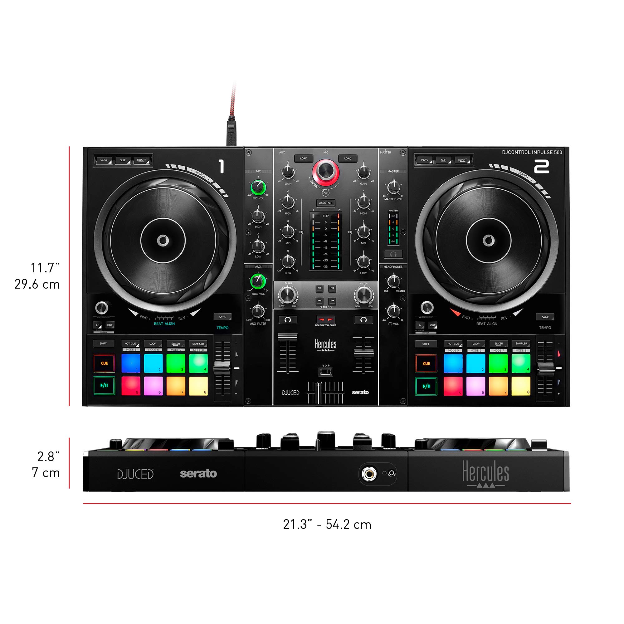 Hercules DJControl Inpulse 500 Professional 2-Deck USB DJ Controller for Serato DJ & DJUCED Software (Included) | Pyle Adjustable Portable Laptop Stand for DJs, Producers & Office Use - Perfect for Live Performances & Home Studios