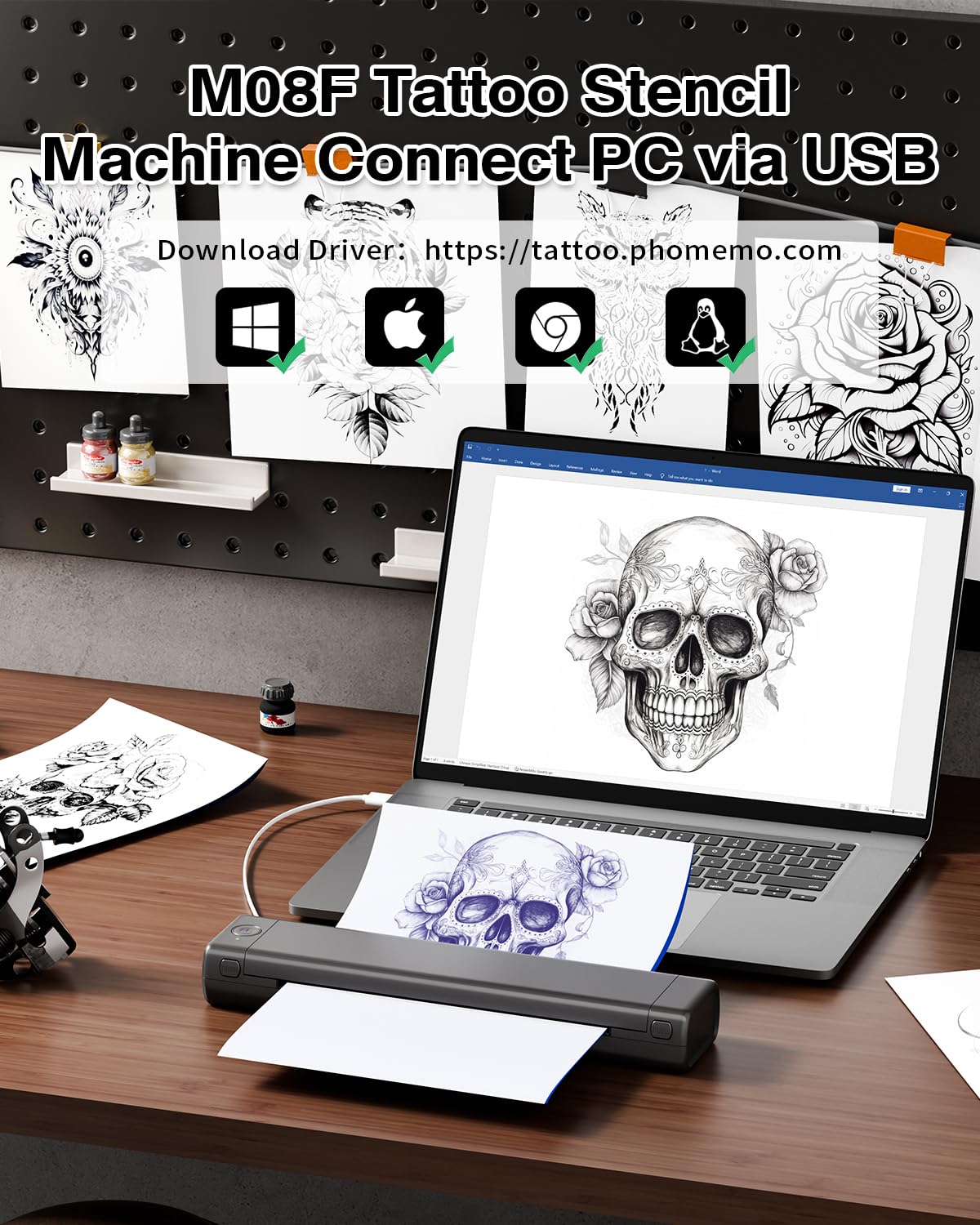 Phomemo Wireless Tattoo Stencil Printer Kit - Bluetooth Thermal Transfer Machine with Storage Case & 10 Sheets Tattoo Transfer Paper | Compatible with iPhone, Android & PC | Perfect for Tattoo Artists & Beginners | Home Studio & Professional Tattoo Shop Use
