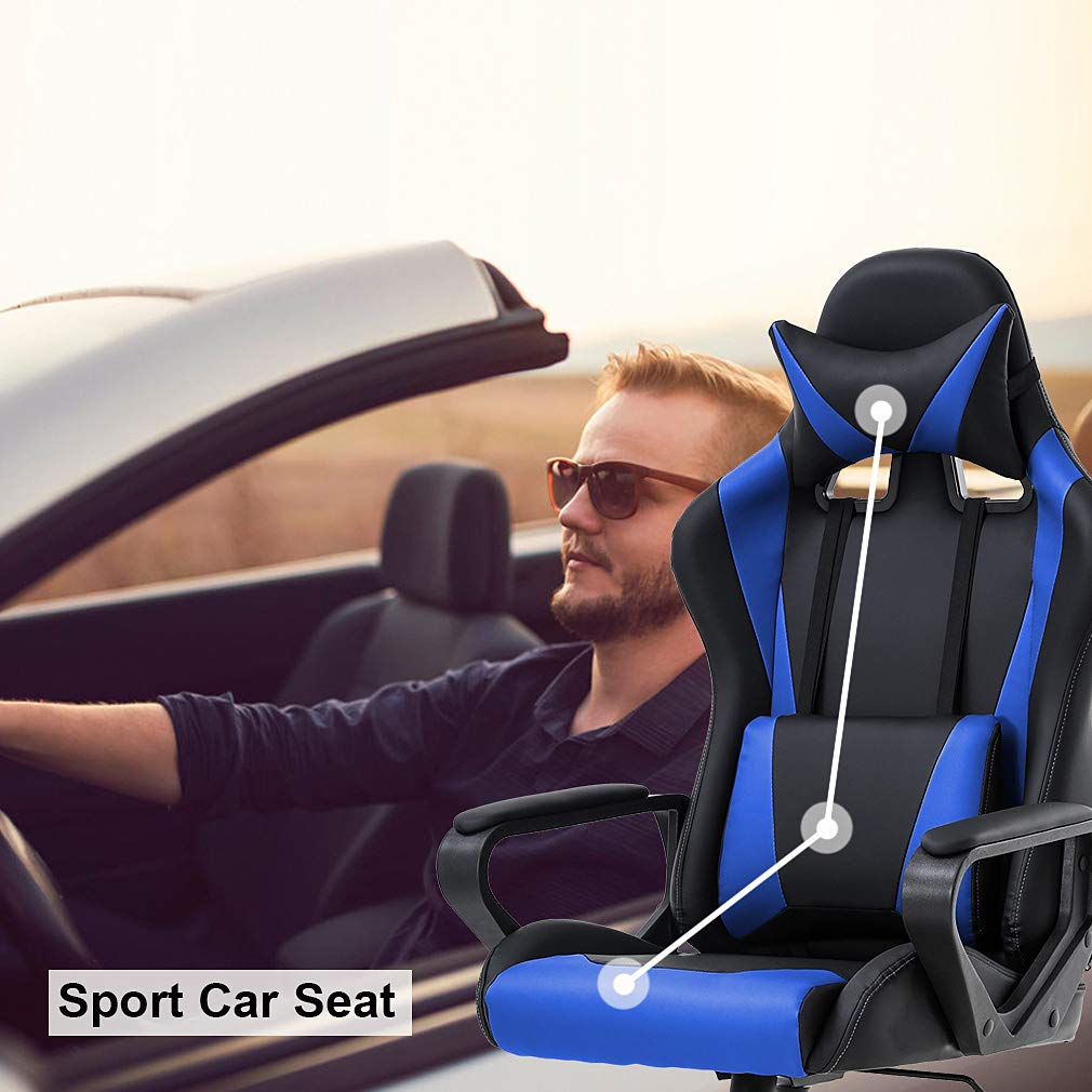Best Ergonomic High-Back Gaming Chair - PU Leather Office Computer Desk Chair with Lumbar Support & Swivel Base - Comfortable Racing Style Task Chair for Back Pain Relief (Blue) - Perfect for Home Office, Gaming Setup & Workstation