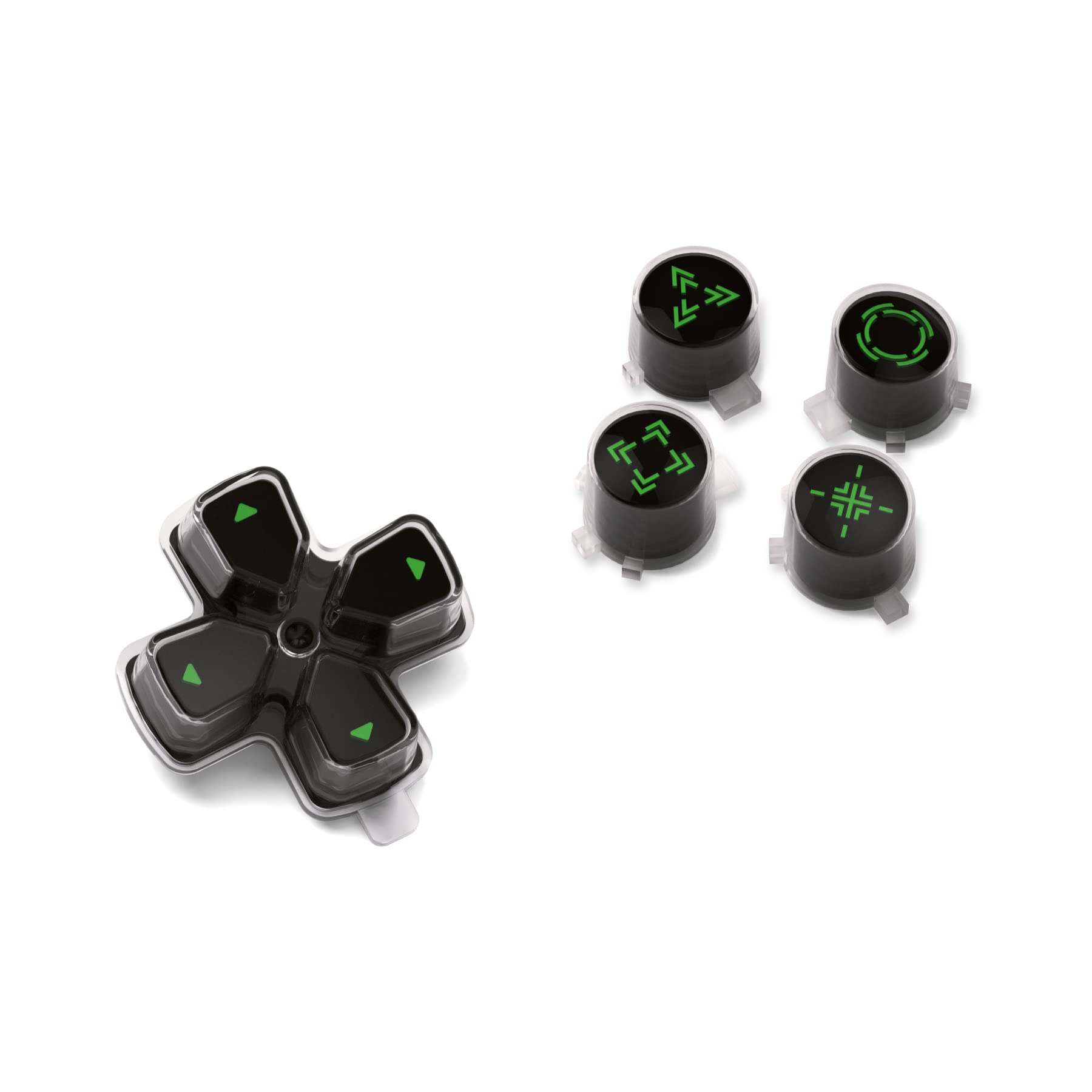 eXtremeRate Custom D-Pad Replacement Buttons for PS5 Controller - Black & Clear Three-Tone with Redesigned Green Symbols | Enhanced Gaming Performance for FPS, Fighting & Action Games