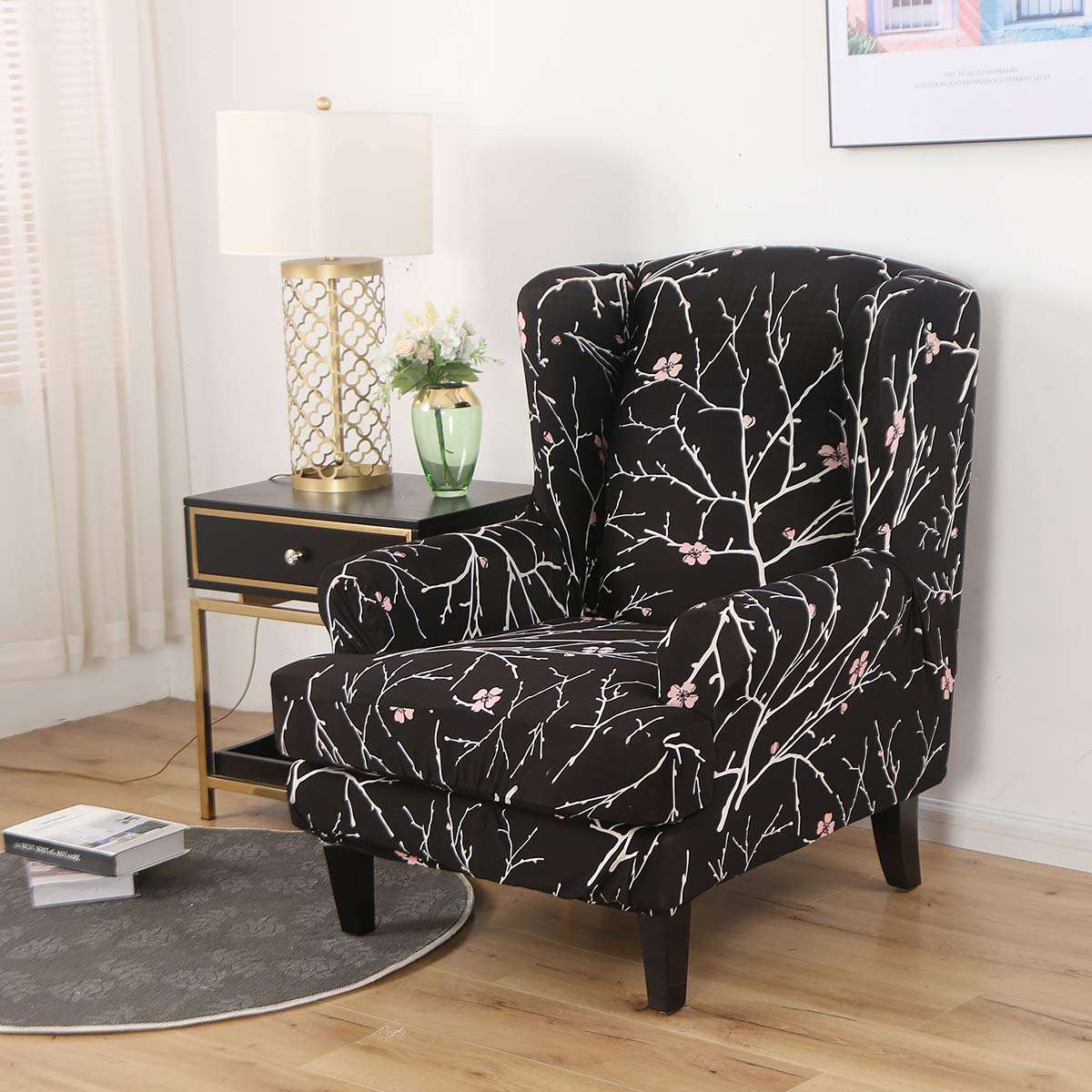 Stretchable Wingback Chair Slipcovers 2-Piece Set - Spandex Furniture Protector with Armrests | Washable Sofa Covers for Living Room, Bedroom & Office (Printed-14)
