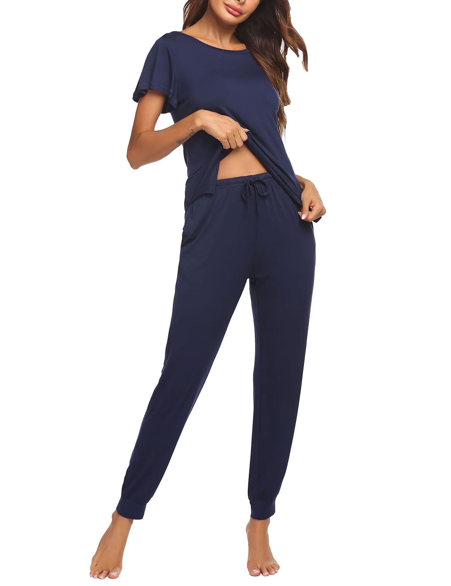 Ekouaer Women's Pajama Sets - Soft Short Sleeve Sleepwear & Long Pants Lounge Set with Pockets - Comfy Sleep & Jogger PJs for Nightwear, Lounging & Travel