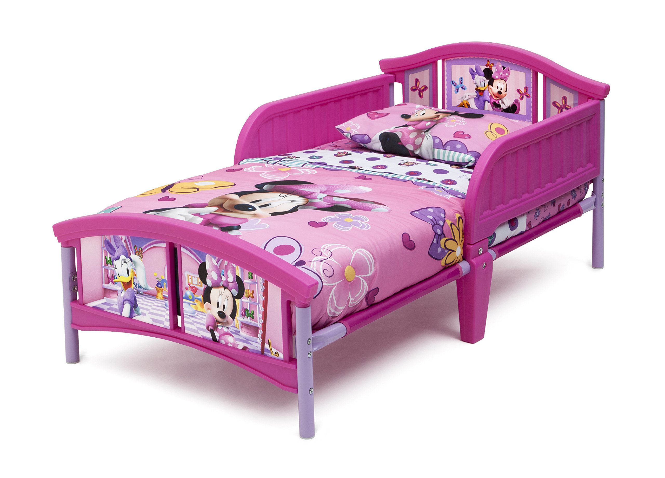 Delta Children Disney Minnie Mouse Twinkle Galaxy Toddler Bed with Dual-Sided Recycled Fiber Core Mattress - Safe Plastic Toddler Bed for Girls' Nursery, Daycare or Sleepovers