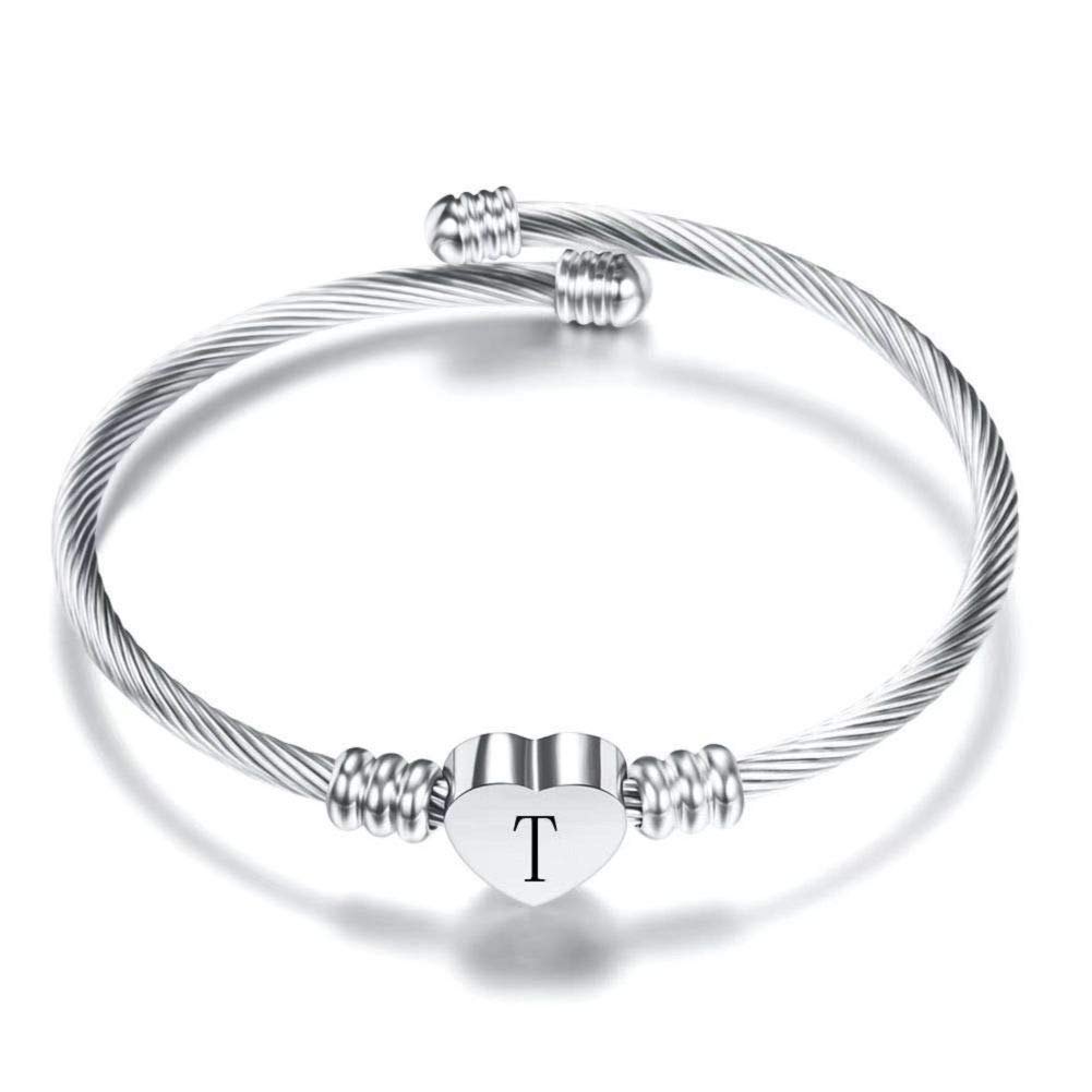 Initial Letter Cuff Bracelet for Women - Love Heart Alphabet Name Bangle in Black/Silver/Gold | Perfect Gift for Her