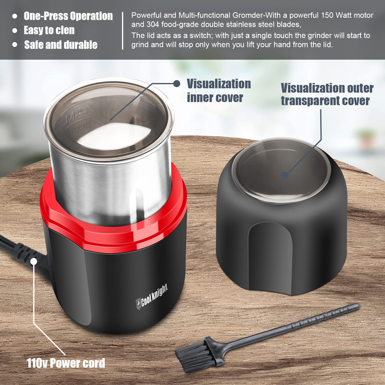 COOL KNIGHT Electric Herb Grinder - Large Capacity Fast Grinding for Spices, Herbs & Coffee with Pollen Catcher - 7.5 Inch Black - Perfect for Kitchen, Camping & Travel Use