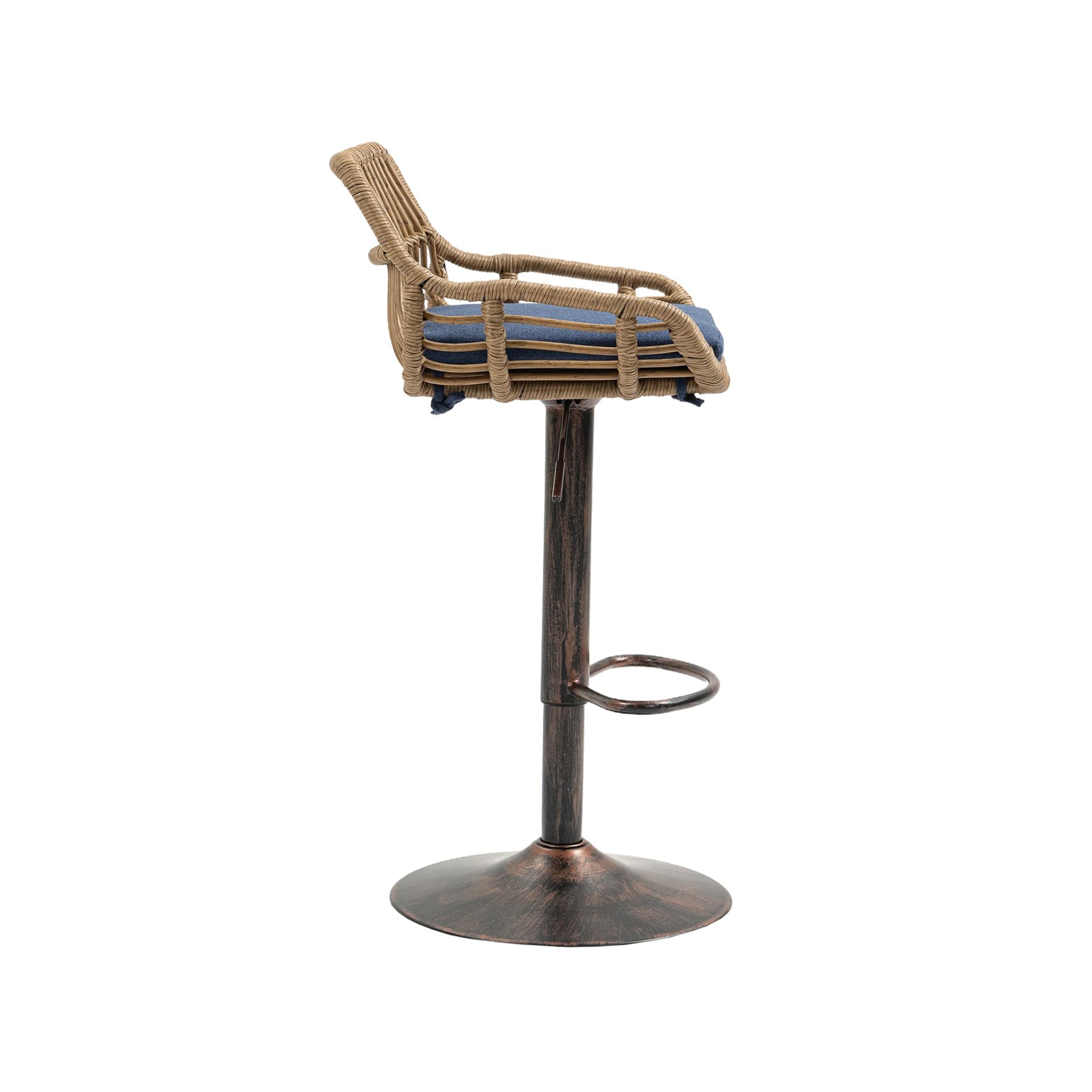 2-Pack Swivel Bar Stools with Adjustable Height - Rattan Counter Stools with Linen Cushion & Metal Base, Footrest - Blue Kitchen Island Chairs for Dining Room, Pub, or Breakfast Nook