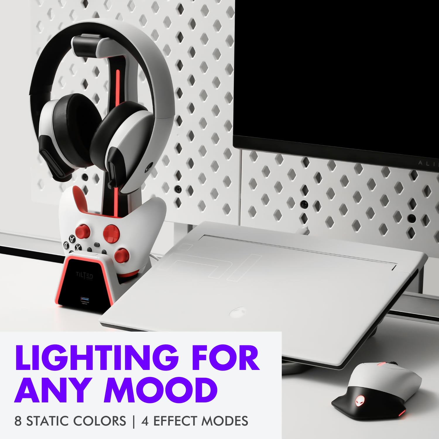 Tilted Nation RGB Gaming Headset & Controller Stand with Wireless Charging Station - Compatible with PS4, PS5, PC - Dual Charger for Headphones & Game Controllers - White Desk Organizer for Gaming Setup & Streaming Station