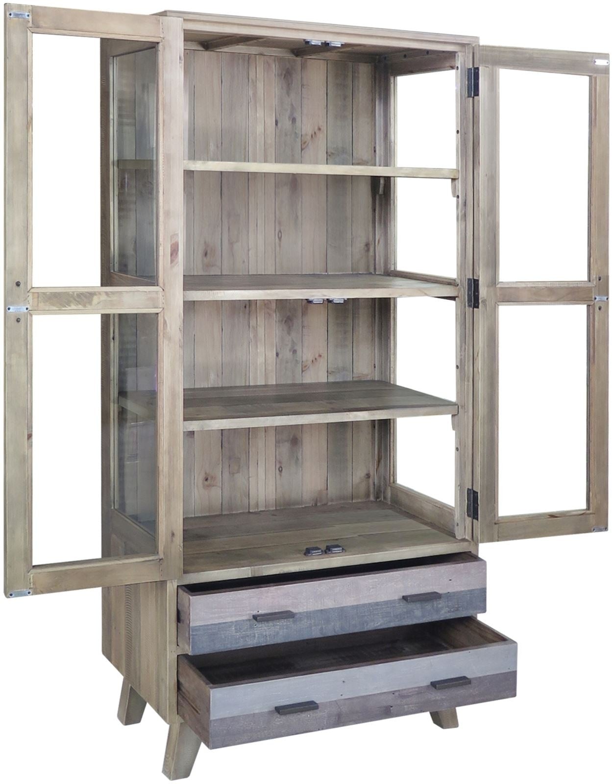Corso Italy 90cm Mango Wood Modern Grey Cabinet with Glass Doors - Display Shelf for Living Room, Bedroom & Office Storage