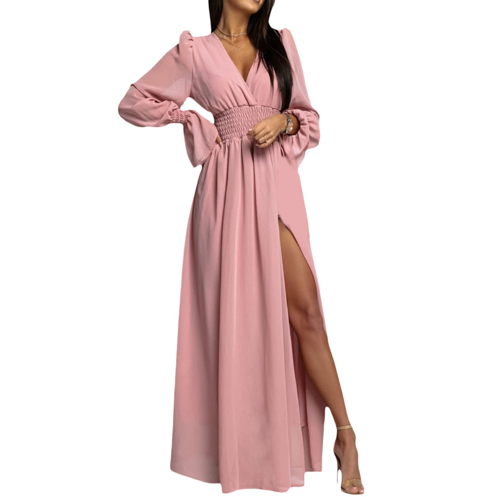 Axupico Women's Elegant Long Sleeve Party Dress - Stretchy Elastic Waist Solid Color Fall Dress for Club, Wedding, Office & Evening Events
