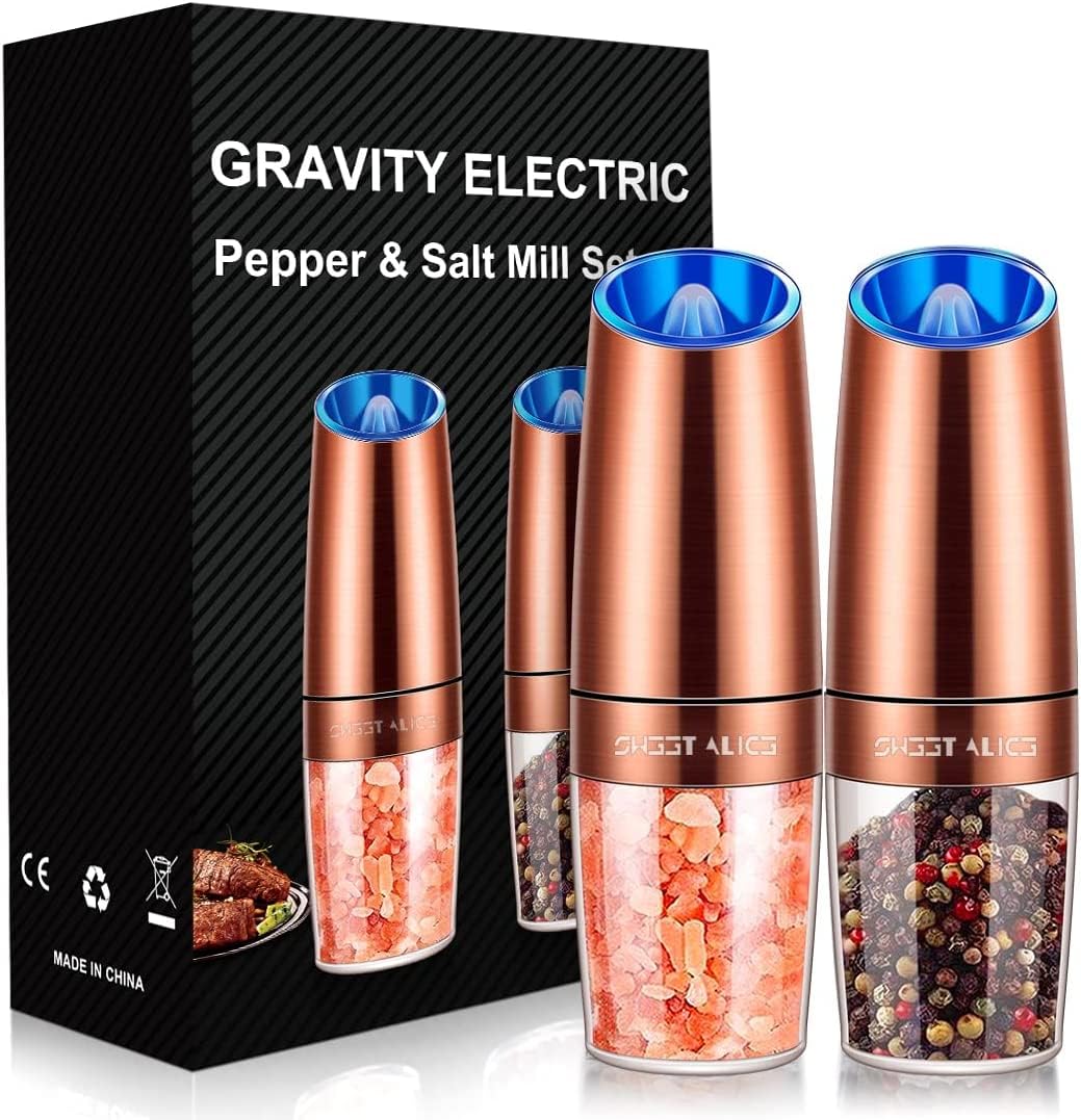 Premium Electric Pepper and Salt Grinder Set - Adjustable Coarseness, Battery Powered with LED Light, One-Hand Automatic Operation, Stainless Steel & Copper Design (2 Pack) - Perfect for Kitchen, Dining Table, and Gourmet Cooking