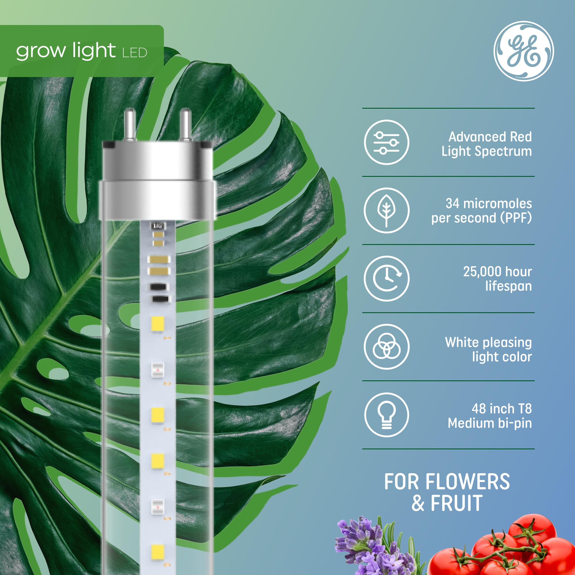 GE T8 LED Grow Lights for Indoor Plants - Full Spectrum with Advanced Red Light for Flowers & Fruits, 34 PPF, 48 Inch (6 Pack) - Perfect for Hydroponics, Greenhouses & Home Gardening (25,000 Hours Lifespan)