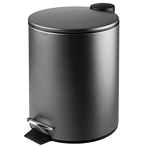 mDesign 1.3 Gallon/5 Liter Round Step Trash Can with Lid - Metal Wastebasket for Bathroom, Kitchen, Bedroom, Office & Craft Room - Black Garbage Bin with Removable Liner - Perfect for Small Spaces & Home Organization