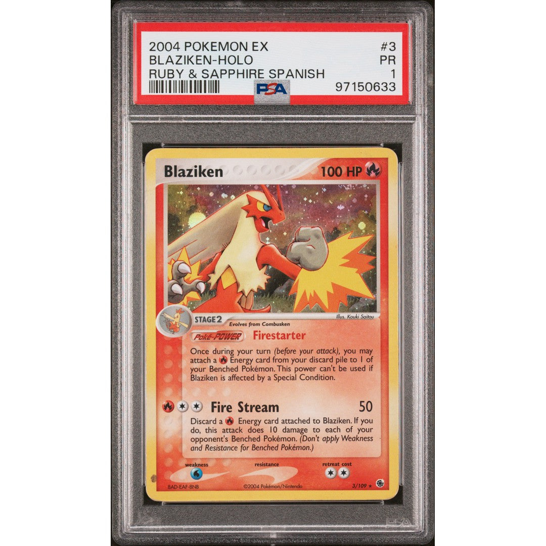 2004 Pokemon Spanish Ruby & Sapphire Blaziken 3/109 PSA 1 Graded Card - Rare Collectible for Pokemon TCG Fans & Gaming Enthusiasts - Perfect for Display, Trading, and Gaming Battles