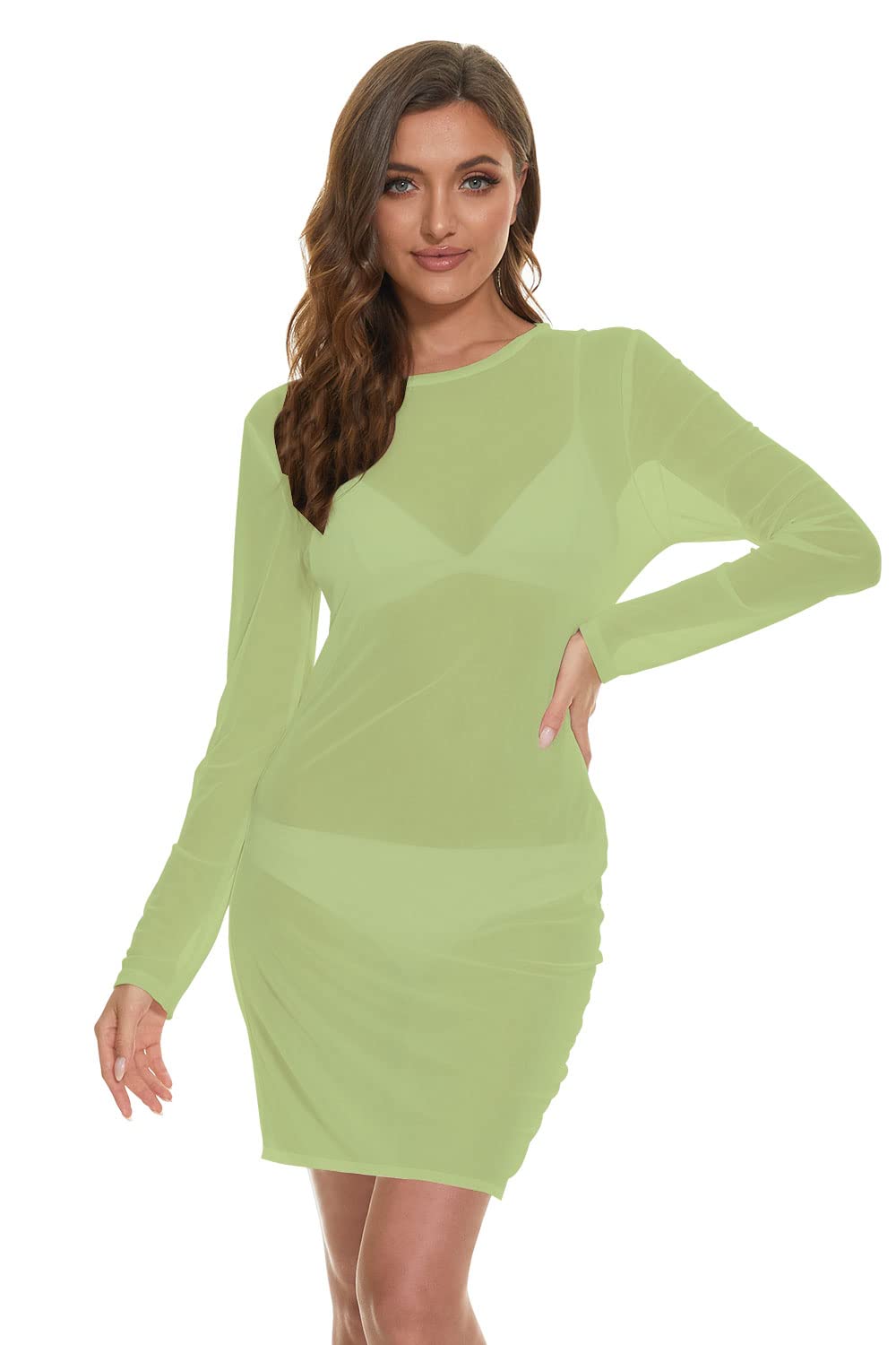 Jumppmile Women's Sheer Mesh Long Sleeve See Through Swim Cover Up Dress - Lightweight Beach Bikini Coverup for Pool, Vacation & Summer Outfits