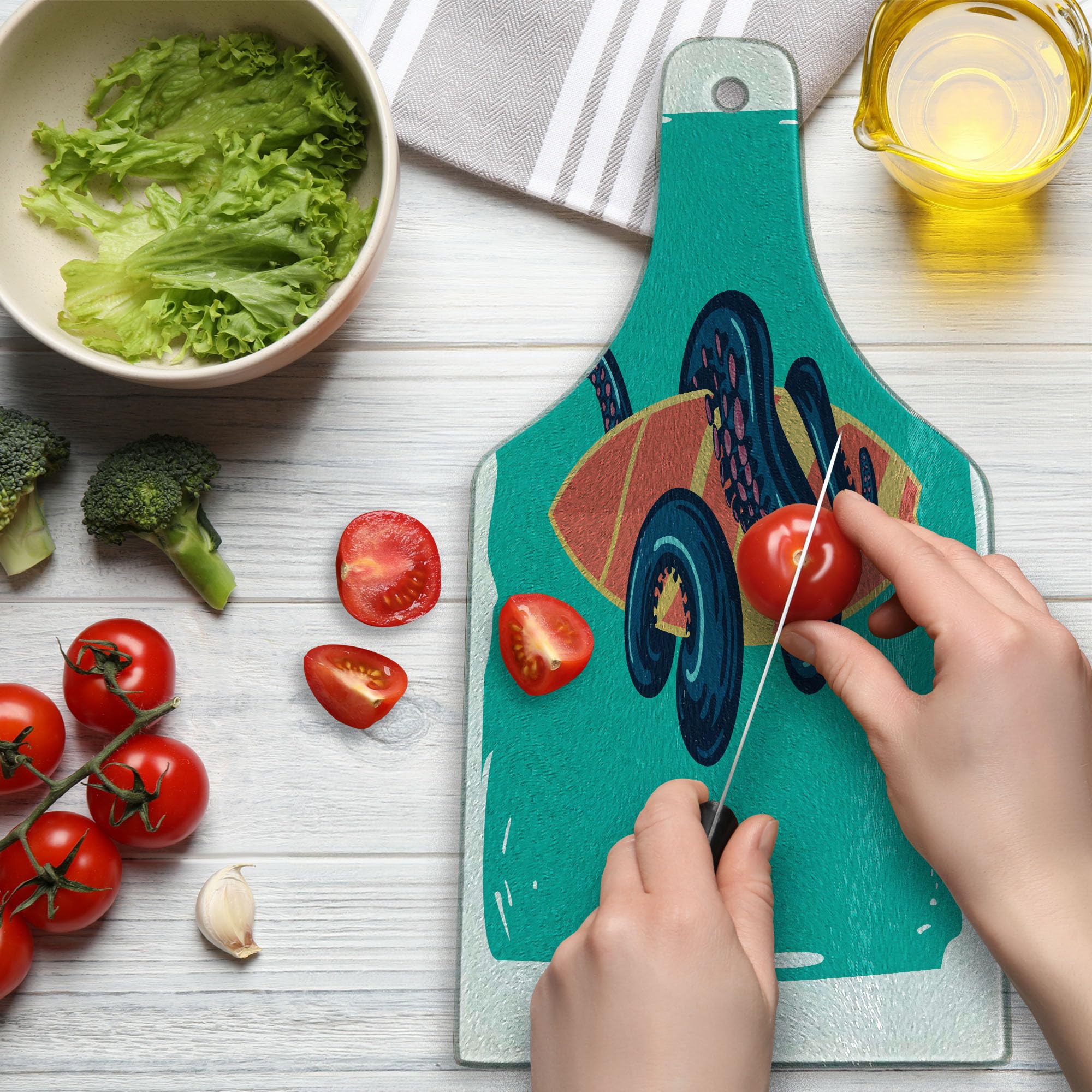 Lunarable Octopus Cutting Board - Tempered Glass Serving Board with Water Sports Retro Design, Wine Bottle Shape in Teal & Orange - Perfect for Kitchen Prep, Charcuterie, and Party Entertaining