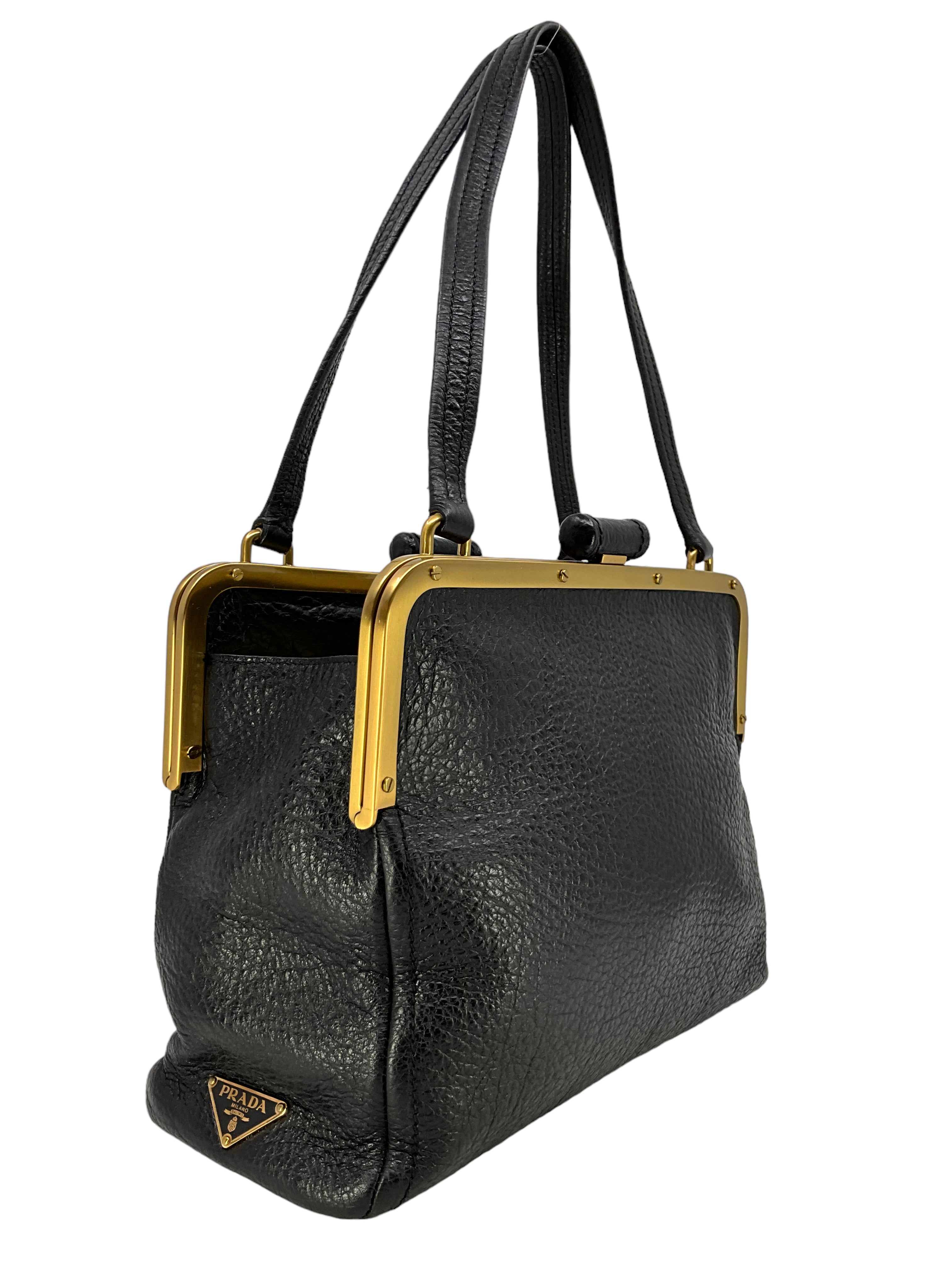 PRADA Cervo Antik Frame Bag - Luxury Leather Handbag for Women, Designer Crossbody Bag with Gold-Tone Hardware | Perfect for Work, Travel & Evening Events