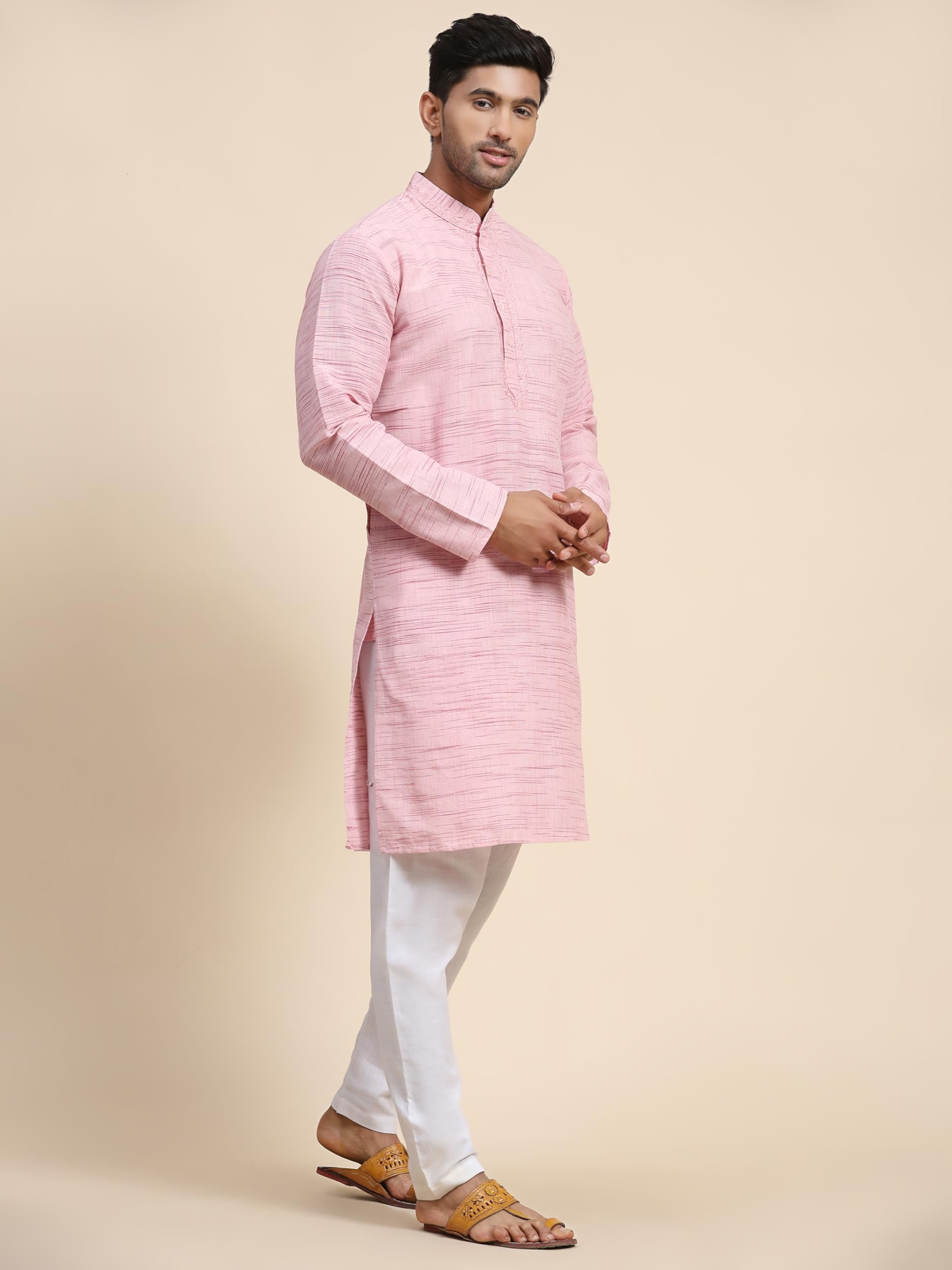 SKAVIJ Men's Embroidered Cotton Blend Kurta Pajama Set | Traditional Indian Ethnic Wear for Men | Perfect for Weddings, Festivals & Cultural Events
