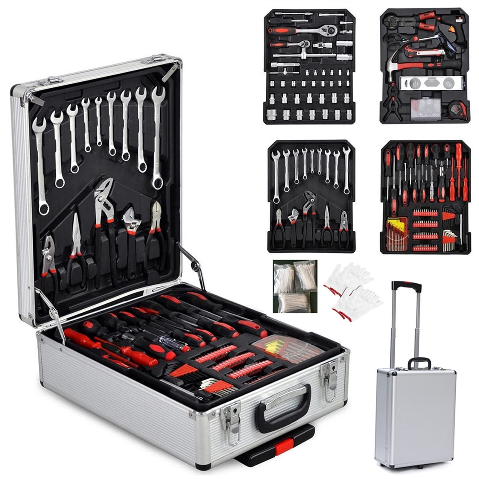 Fulok 799-Piece Aluminum Rolling Tool Case Set - Professional Auto & Home Repair Tool Kit with Toolbox, Wheels & Tool Belt - Perfect for Mechanics, DIY Projects & Father's Day Gifts (Silver)