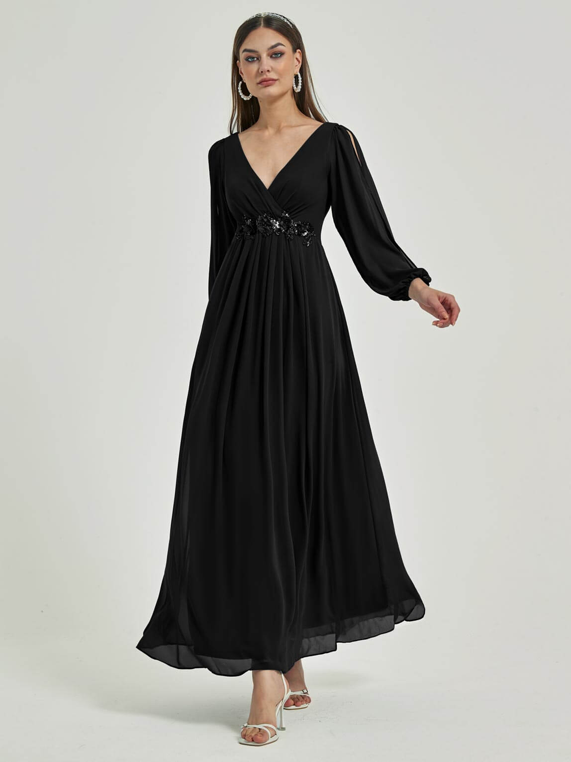 Elegant Black V-Neck Long Slit Sleeve Pleated Flowy Chiffon Formal Evening Dress for Women - Perfect for Prom, Cocktail Parties & Special Occasions