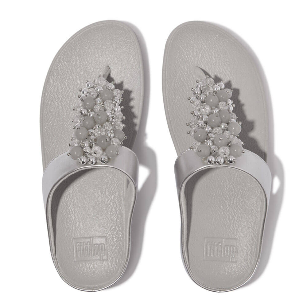 FitFlop Fino Bauble Bead Leather Sandals for Women - Silver | Comfortable & Stylish Flip Flops for Beach, Pool & Summer Outfits