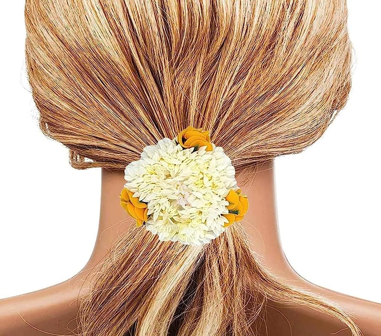 2 Pcs Mogra Scented Hair Bands for Women - Hair Bun & Scrunchies Accessories (Yellow/Red) - Perfect for Parties & Weddings